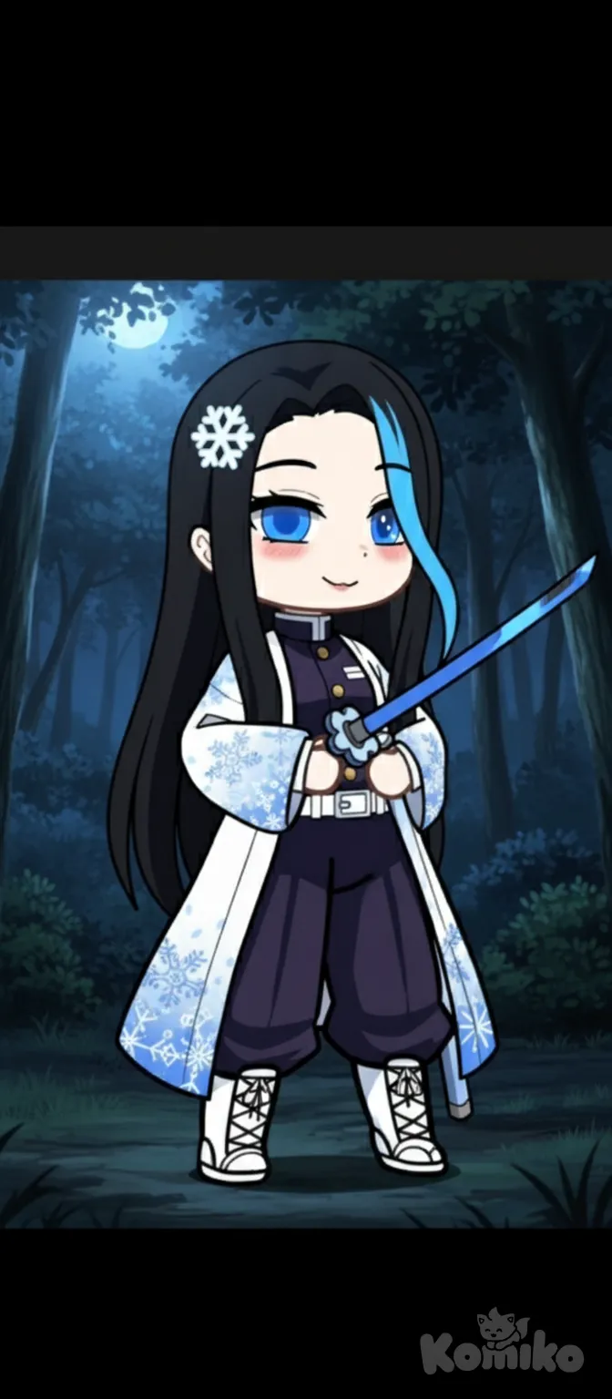 1girl, anime screencap, holding sword, looking at viewer, night, forest karakterimi 🤩 şimdi baştan sona detaylı tarif edeyim:

ince yapılı ve oldukça soluk tenli, minyon, genç bir kadındı.

✨ Saçlar: Uzun, düz ve simsiyah saçların var. Ama sağ tarafında tek bir tutam mavi renkle parlıyor. Uçları siyah, bu da saçına hem asil hem de soğuk bir hava katıyor. Saçının yan tarafında ❄️ kar tanesi tokası takılı, bu da buz veya soğukla bağlantını hissettiriyor.

✨ Yüz & Gözler: Gözlerin canlı, parlak mavi ve dikkat çekici. Yüzün hafif pembeleşmiş, yanaklarında tatlı bir renk var. Dudakların ise 🍓🍒 çilek-kiraz gibi parlak ve dolgun, adeta parlıyor.

✨ Kıyafet:

Üzerinde koyu mor Demon Slayer üniforması var. Üniforman tamamen düğmeli ve bu düğmeler altın renkte,Uzun, bol tattsuke-hakama pantolonu da koyu mor tonluydu ve belinden beyaz bir kemerle bağlanmıştı. Hashira olduğunu belli ediyor.

Üniformanın üzerine beyaz, mavi desenlerle süslenmiş ❄️ kar tanesi motifli haori giymişsin. Haorinin buz-soğuk havası karakterine çok uyuyor.

Altında beyaz loose socks çoraplar ve üzerine beyaz, yüksek bağcıklı botlar giymişsin.


✨ Silah:Nichirin katanam var rengi buz mavisi ve tsubam Kar tanesi ❄️ ve Katanamı doğrulttuyorum ve soğukkanlılıkla gülümsüyorum

, anime style