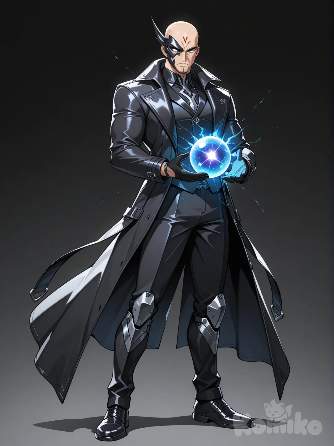 Action anime style, middle-aged athletic man standing tall, futuristic half-mask with 'GA' elemental marking on forehead, lower face showing composed expression, streamlined black suit, flowing black coat with metallic accents, blue energy orb glowing softly, professional standing posture, no background, clean lighting