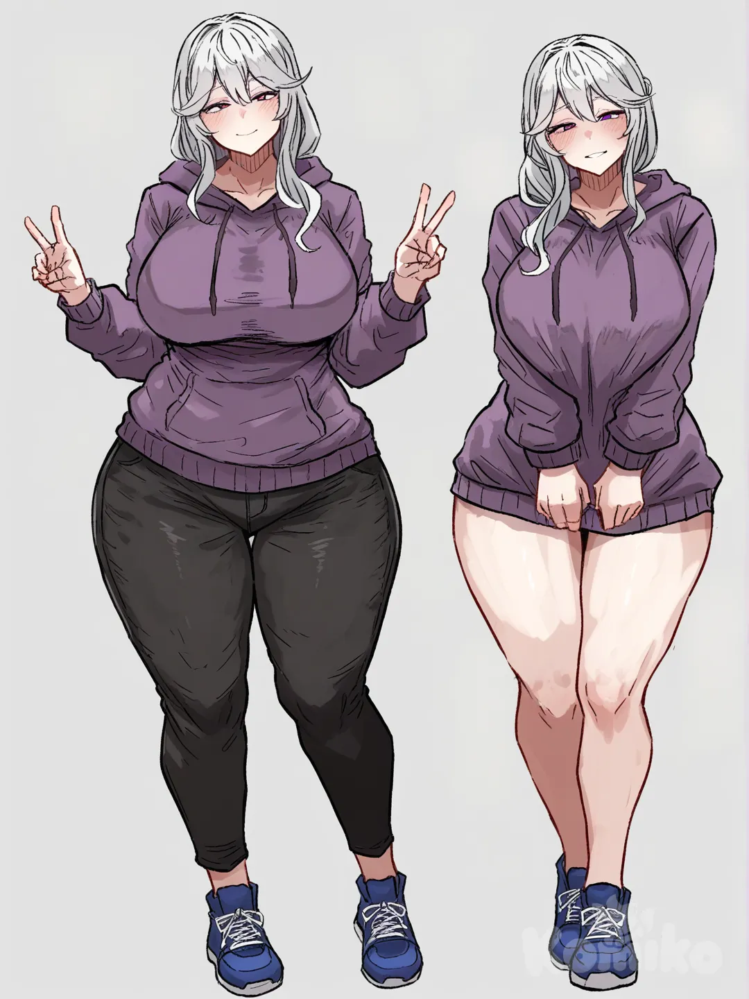 mature female, sign V with two hands, purple long hoodie, black pants, blue sneakers, long white hair, purple eyes, light skin, big breasts, huge hips, big butt, slim waist, [hentai-style]