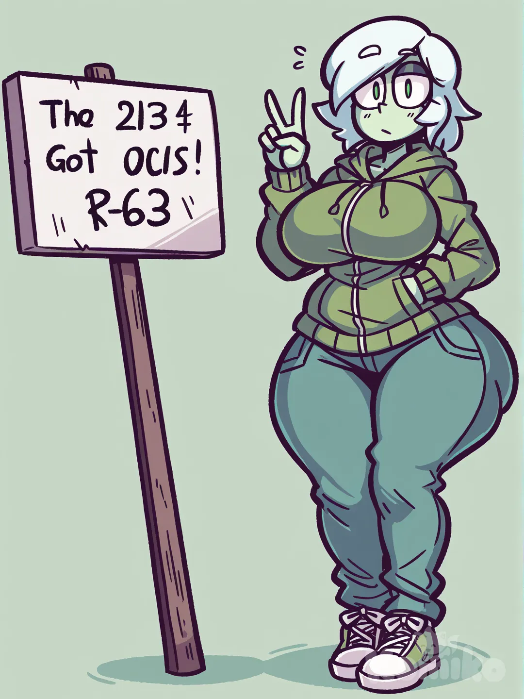 [helltalker-style], mature female, sign V with two hands, green long hoodie, green pants, green sneakers, long white hair, green eyes, green ghost skin, big breasts, huge hips, big butt, slim waist