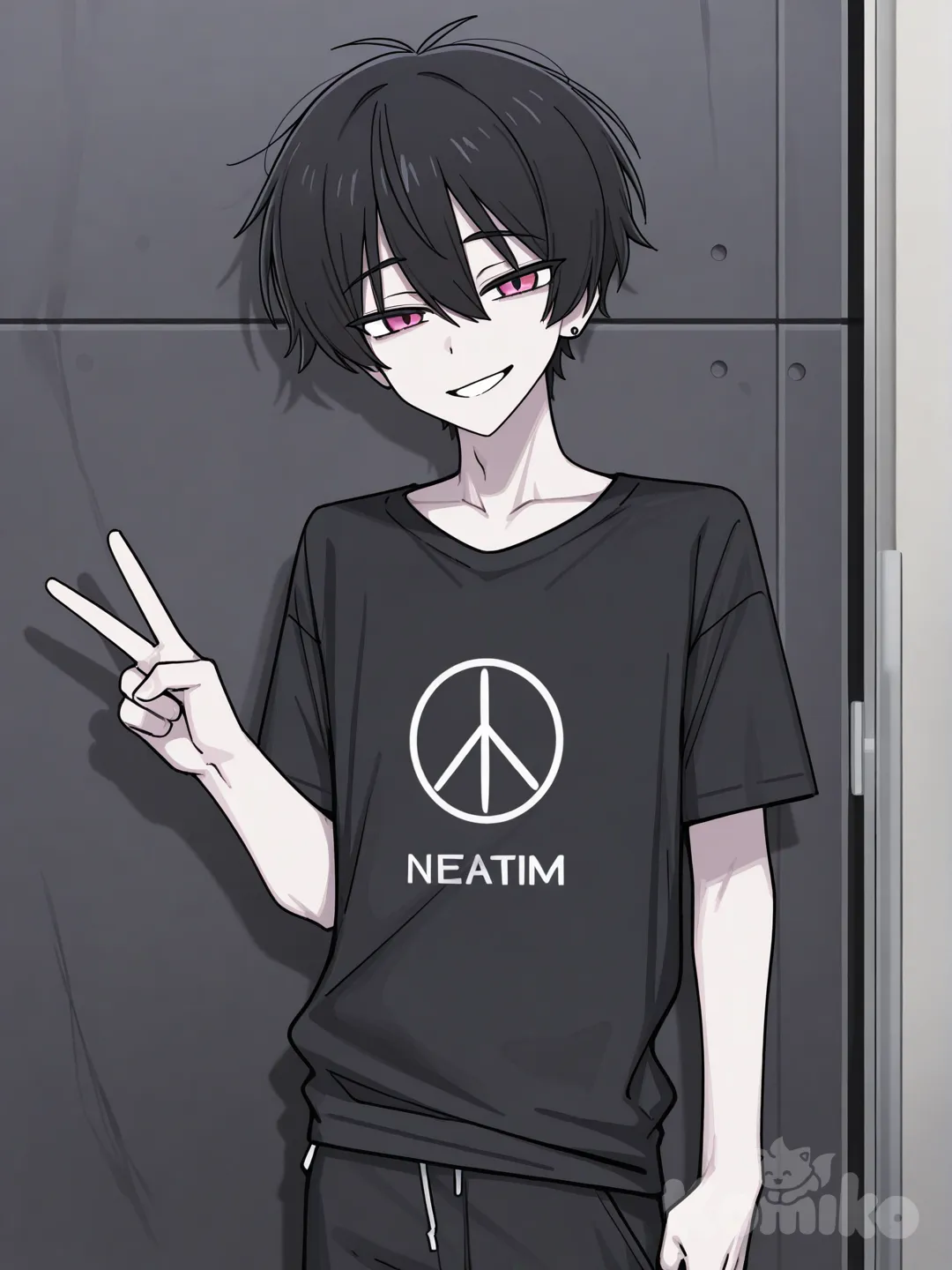 1 male, scrawny, tall, black hair, pink eyes, pale skin, black t-shirt, black casual pants, v sign, smile, [toon-shaded-style], 18 years