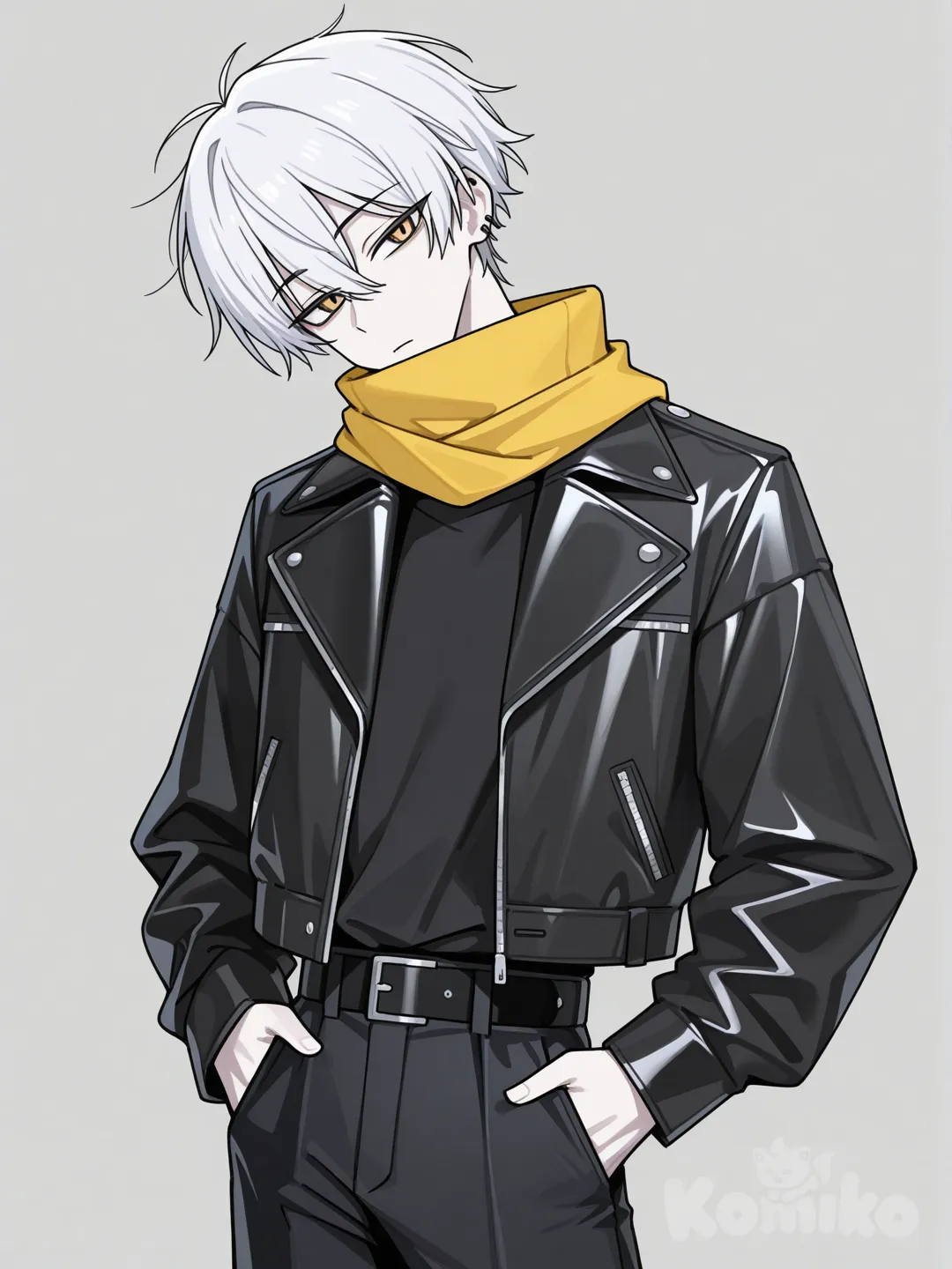 1 male, scrawny, tall, white hair, yellow eyes, pale skin, yellow scarf, black leather jacket, black t-shirt, black casual pants, [toon-shaded-style], 18 years, head tilt, clean background