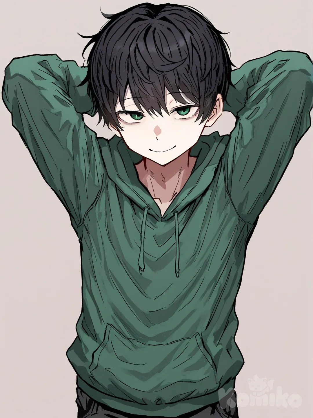 1 male, aesthetic, tall, short black hair, dark green eyes, pale skin, Dark green jacket with hood, black casual pants, 18 years, clean background, smile, closeup, [hentai-style], arms behind head
