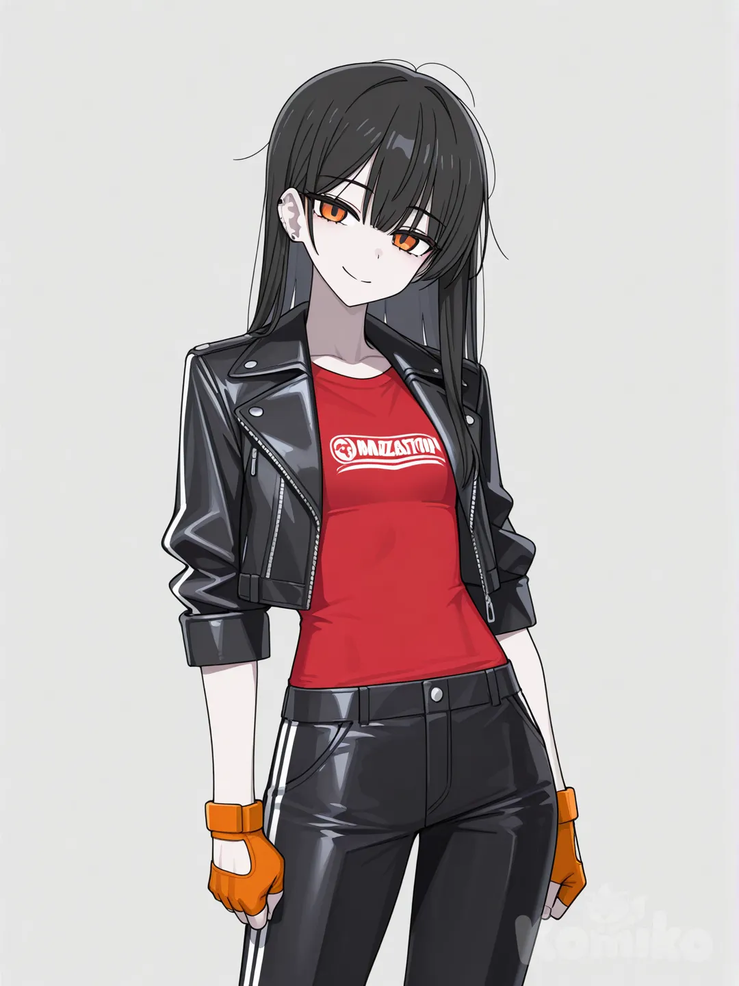 1 female, scrawny, tall, long black hair, orange eyes, pale skin, small breasts, black leather jacket, red t-shirt, orange fingerless gloves, black sport pants, 18 years, head tilt, clean background, smile, turning to the viewer, The character faces the viewer, [toon-shaded-style]