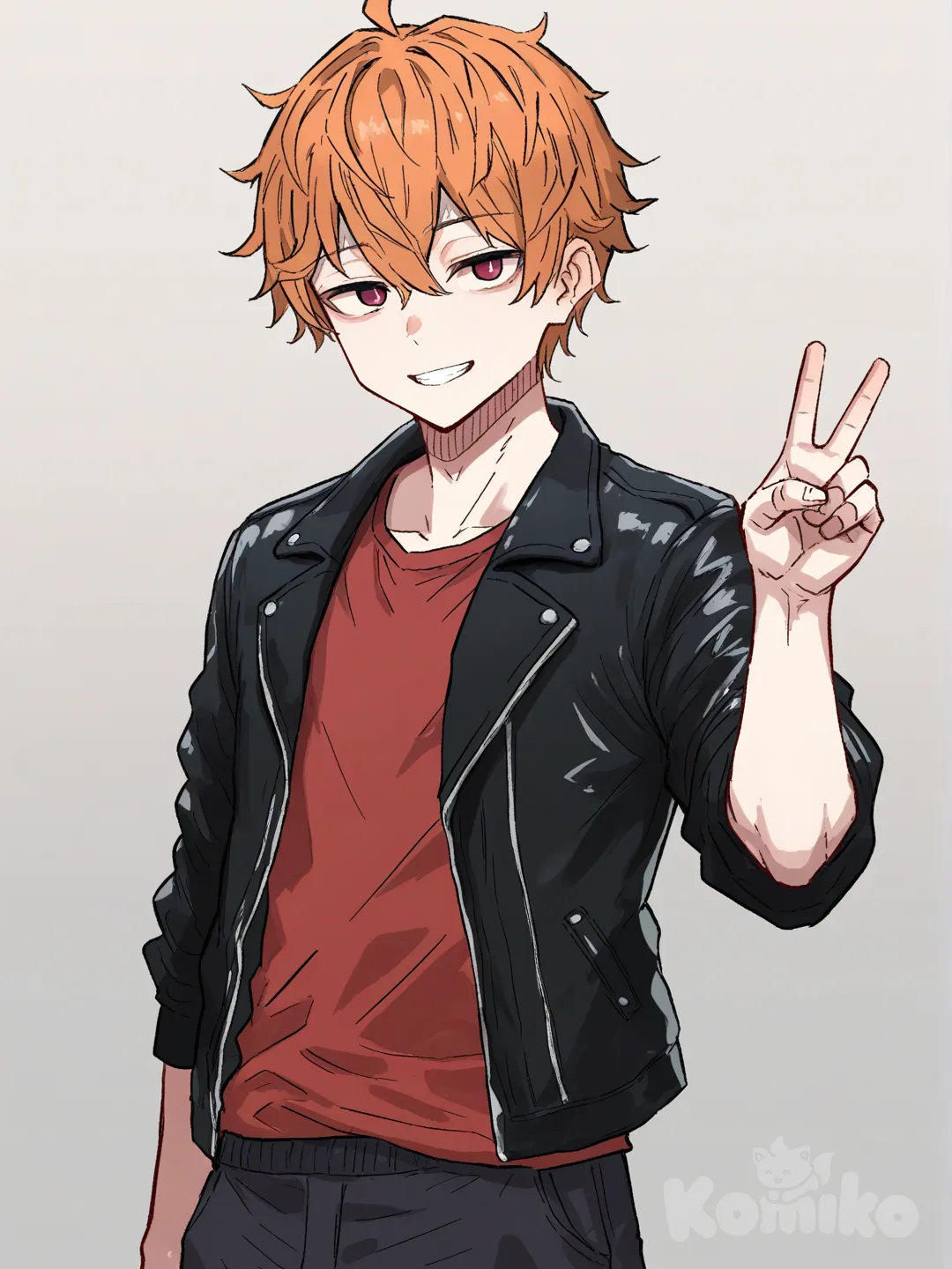 1 male, athletic body, teenager, tall, short orange hair, light red eyes, pale skin, red t-shirt, Black leather jacket, Black sport pants, 18 years, clean background, Facing the viewer, [hentai-style], v sign, smile, upper body