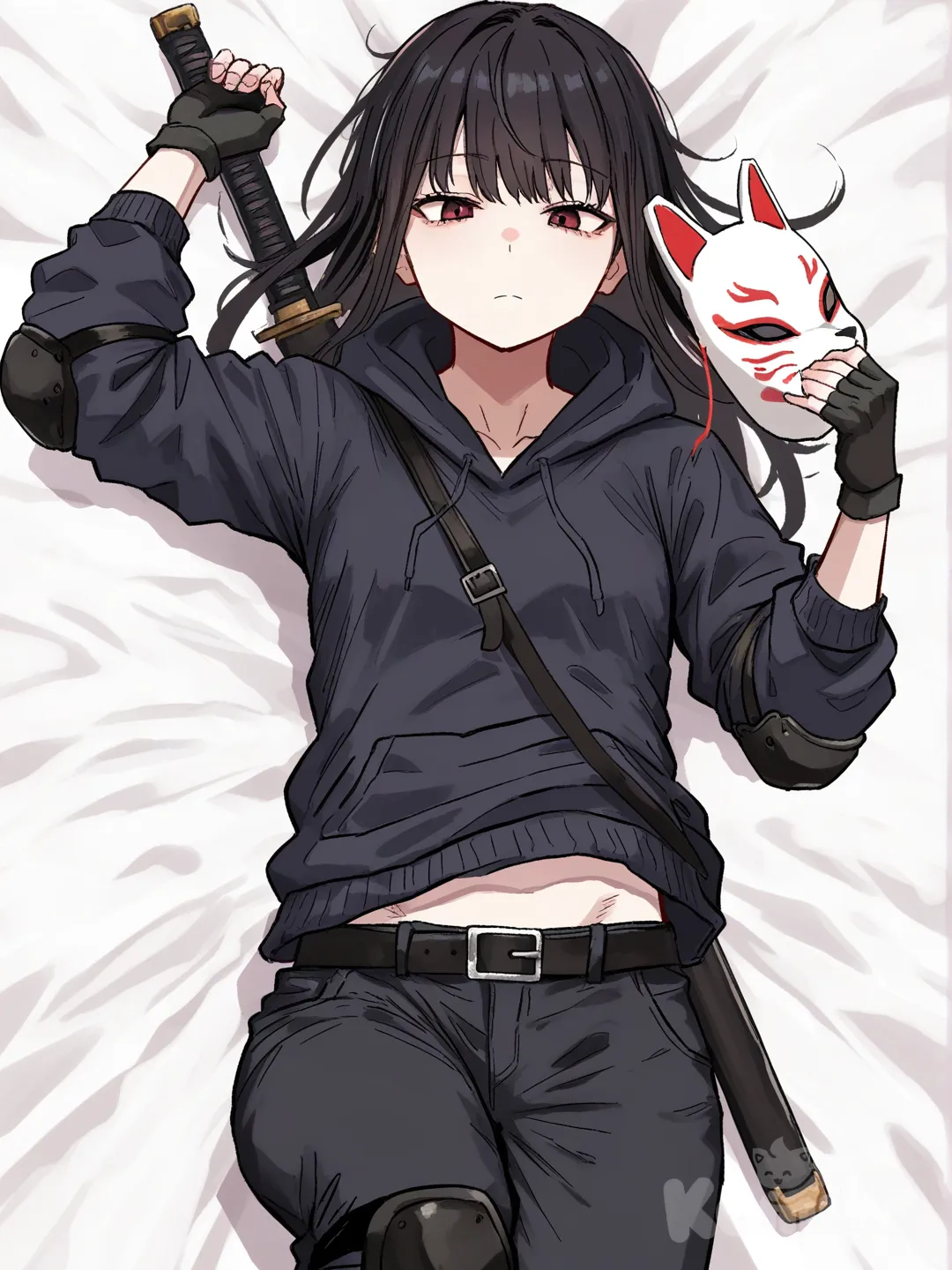 1 female, athletic body, teenager, tall, long Black hair, red eyes, pale skin, small breasts, Black hoodie with long sleeves, Black belt, Black pants, Black fingerless gloves, metal elbow pads, metal knee pads, [hentai-style], 18 years, upper body, from above, looking at viewer, Ninjato sword on the back, white background, white kitsune mask on One hand, Lying on your back
