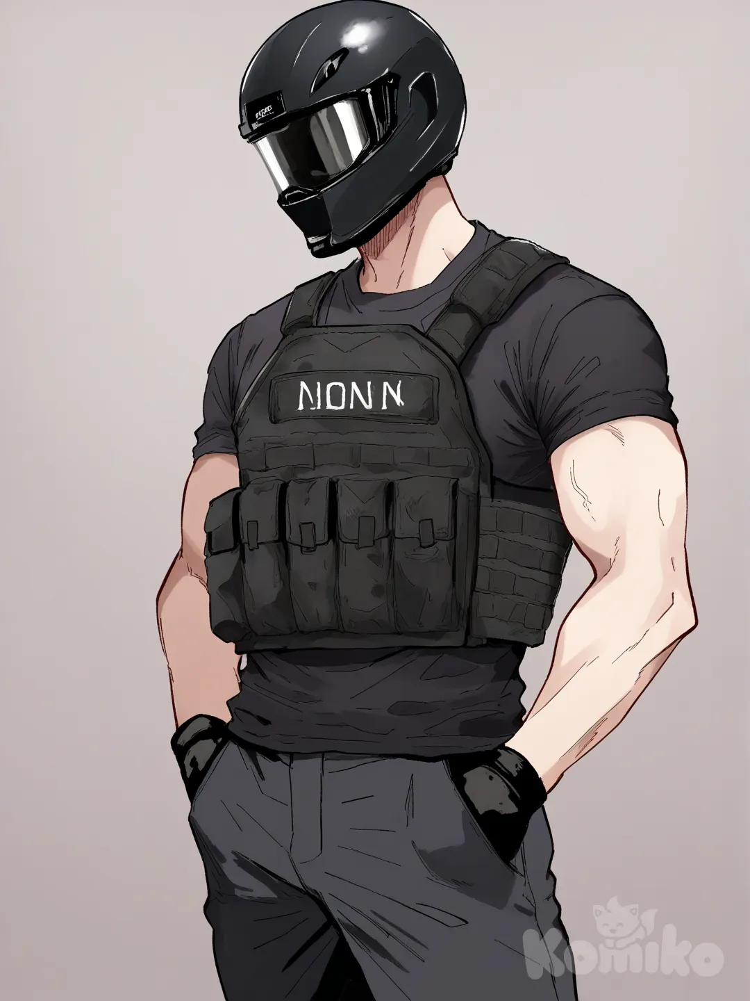 1 male, scrawny athletic body, tall, black biker helmet, Black bulletproof vest, black t-shirt, Black fingerless gloves, black sports pants , [hentai-style], upper body, clean background, hands in pockets
