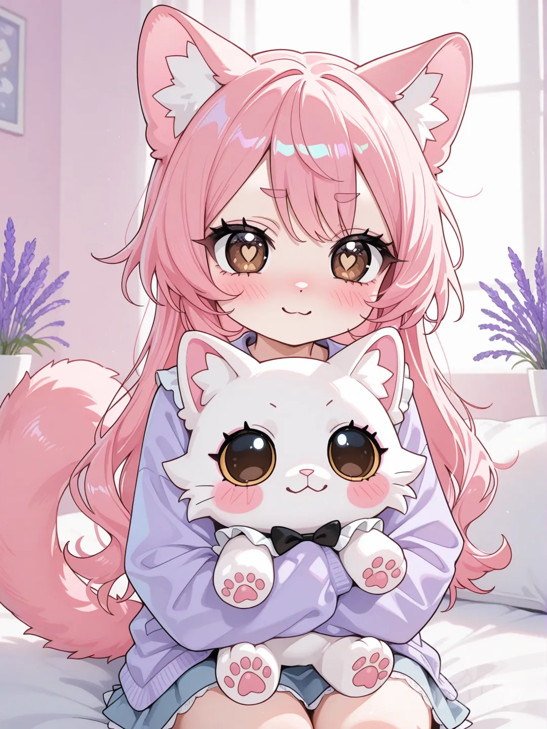 Prompt:

An all-original animated character design of a cute anthropomorphic Ragdoll cat inspired by a young girl’s facial structure, rendered in a high-quality stylized 3D animation style. The character has a large rounded head, plush fluffy fur, and soft pastel coloring. Fur is primarily creamy white with gentle lavender and blush-pink gradients on the ears, cheeks, paws, and tail tip.

The face features large expressive almond-shaped eyes with dark brown irises, oversized glossy highlights, soft upper eyelashes, and warm, friendly eye spacing. Eyebrows are subtly arched and placed close to the eyes for emotional clarity. The nose is small, rounded, and pink, with a gentle smiling mouth that conveys calm confidence and kindness.

Cheeks are slightly full with a natural peach-pink blush. The fur texture is ultra-soft, airy, and feathered, with visible individual strands only in close-up areas. Lighting is cinematic and soft, with pastel global illumination, rim lighting on the fur, and strong eye catchlights.

The overall style is family-friendly, emotionally expressive, and animation-ready, with a plush toy-like finish, smooth gradients, shallow depth of field, and a clean, vibrant color palette. The character feels warm, charming, and suitable for animated films, music videos, and social media storytelling.

🔹 NEGATIVE PROMPT

realistic human skin, photorealism, hyper-pores, harsh shadows, gritty texture, sharp angular anatomy, adult proportions, scary expression, aggressive pose, copied character, copyrighted character likeness, flat lighting, dull colors