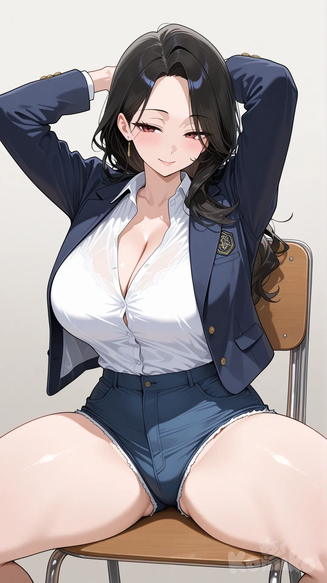 Cô nàng là chị đại đầy đặn xinh đẹp tóc đen dài mắt đỏ ngồi khoang chân 2 tay gách lên ghế xinh đẹp thân hình đẹp quần cộc áo khoác áo vét góc nghiêng áo sơ mi quần ngắn khoác vét