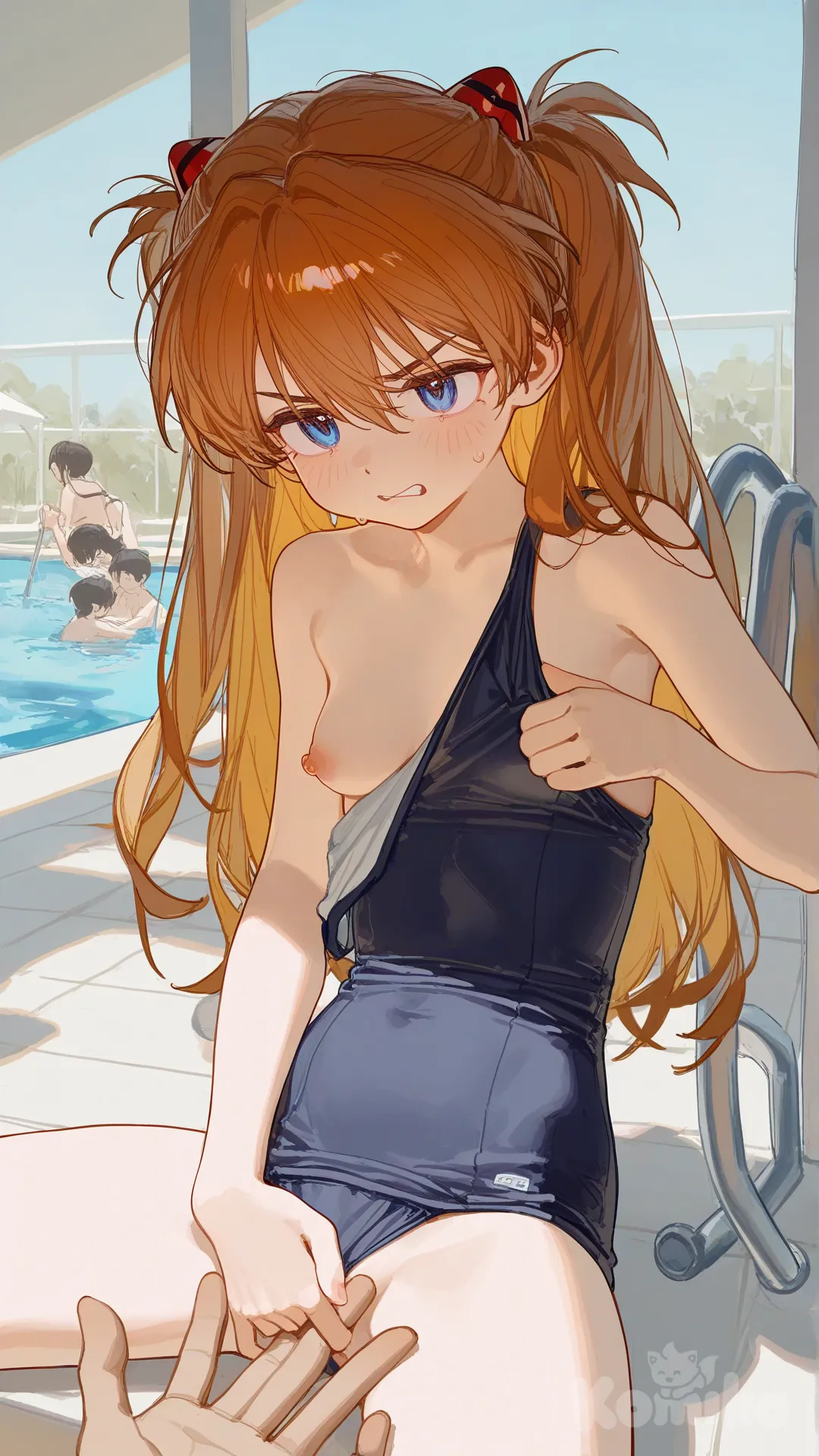 Souryuu Asuka Langley, slender body, japanese school swimsuit, pool background, face looking sideways, small boobs, hard nipples, pulling swimsuit so one boob is exposed, teacher touching her vagina, slightly angry expression,[lacquered-illustration-style]