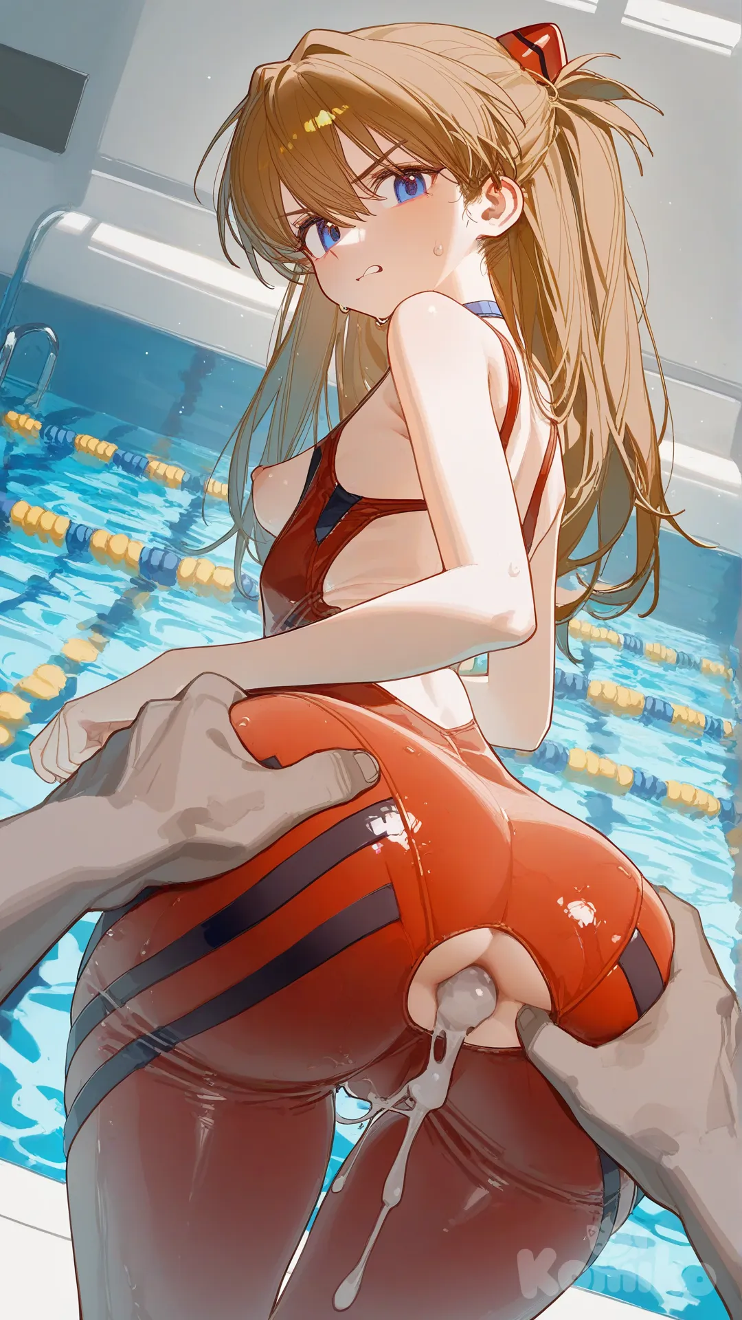 Souryuu Asuka Langley, slender body, japanese school swimsuit, pool background, face angry looking sideways, small boobs, hard nipples, boobs are exposed, teacher grabbing her ass, view from behind, semen flowing from her ass, [lacquered-illustration-style]