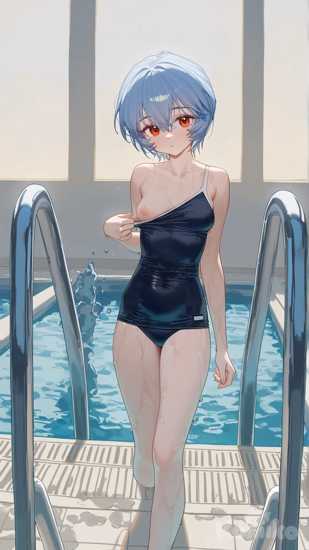 Ayanami Rei, slender body, japanese swimsuit, hard nipples, small boobs, background school pool, one boob out, [lacquered-illustration-style]