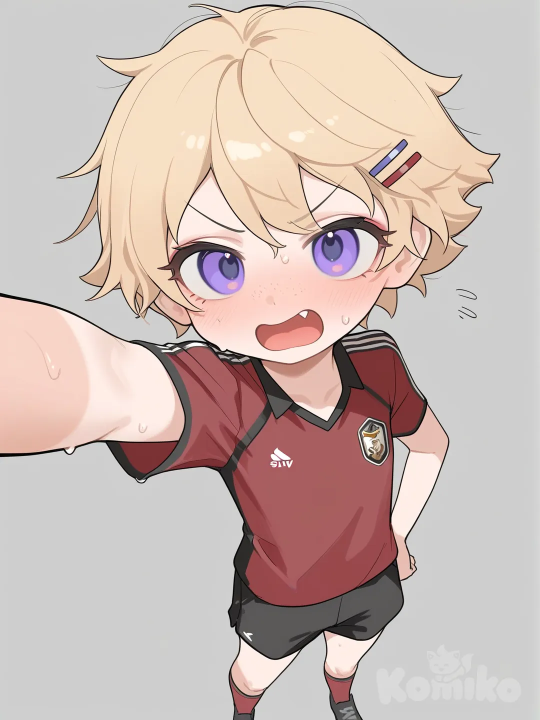 1girl, tomboy, fang, petite, blonde hair, freckles, short hair, hairclip, tanlines, full body, embarrassed, selfie, shorts, soccer uniform, sweaty