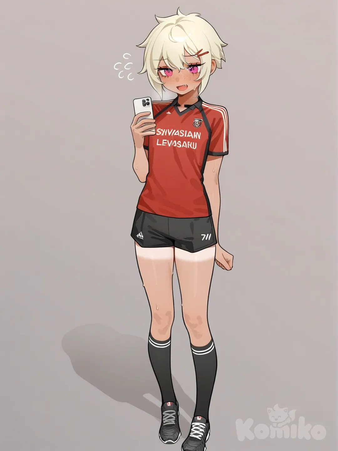 1girl, tomboy, fang, petite, blonde hair, freckles, short hair, hairclip, tanlines, full body, embarrassed, selfie, shorts, soccer uniform, sweaty