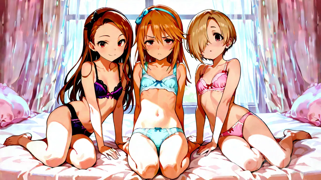 3girls, seductive pose, minase iori, shirasaka koume, full body, idolmaster, idolmaster cinderella girls, idolmaster (classic), petite, yuuki haru, bra, panties