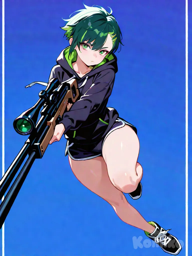 1girl, tomboy, petite, short hair, hairclip, full body, flat chest, wide hips, flat chest, multicolored hair, undercut, asymmetrical bangs, purple hair, green hair, shorts, hoodie, holding gun, sniper rifle