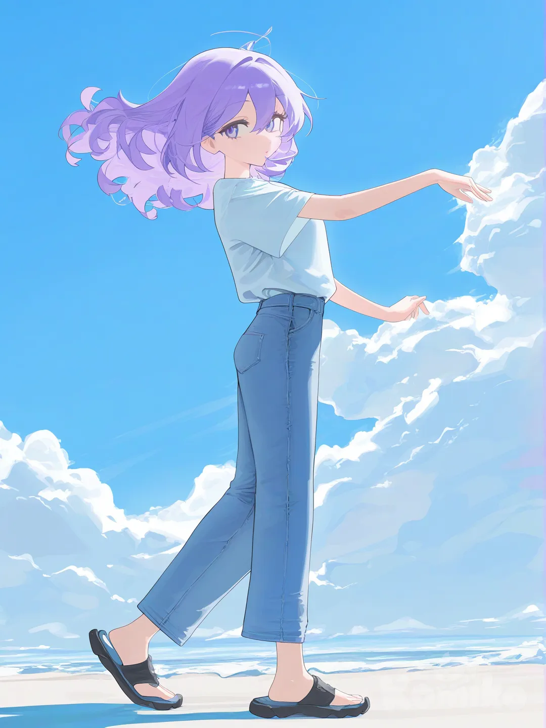 1girl, [vibrant-anime-style], dancing, t-shirt, jeans, fluffy curl,pastel purple, full body, side light, cloud, blue sky