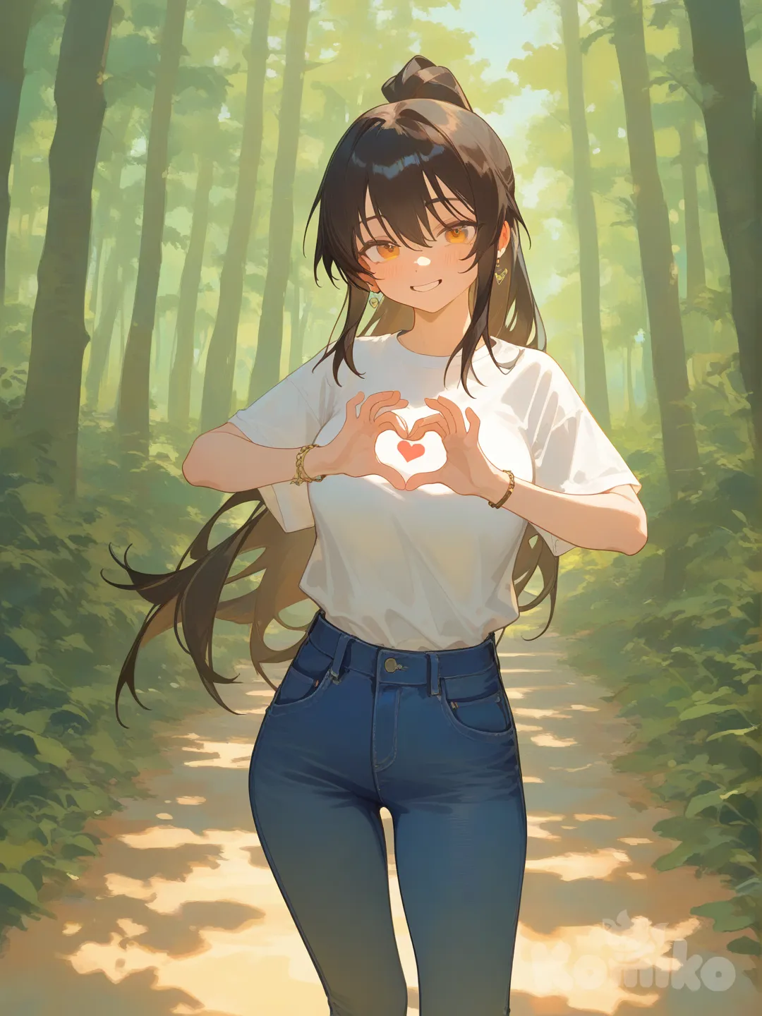 1girl, [soft-shading-style], heart hands, t-shirt, jeans, jewelry, high ponytail, depth of field, side light, forest