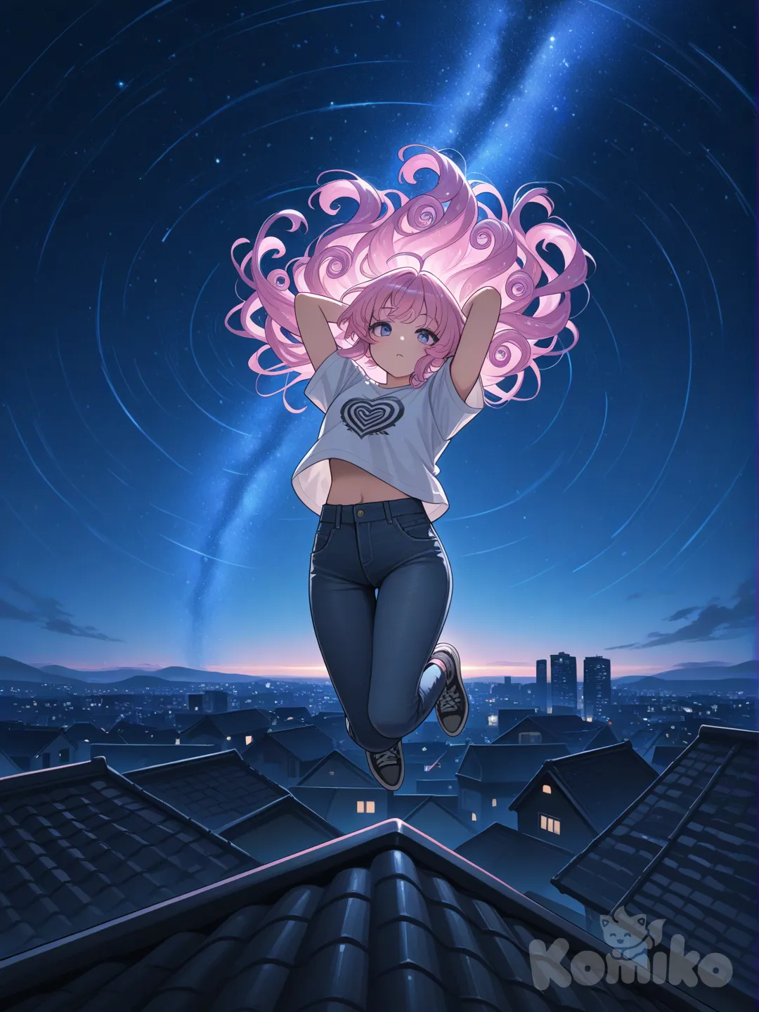 1girl, [glossy-anime-style], jumping from rooftop, t-shirt, hoodie, jeans, spiral curls, fuchsia, starry sky, side light