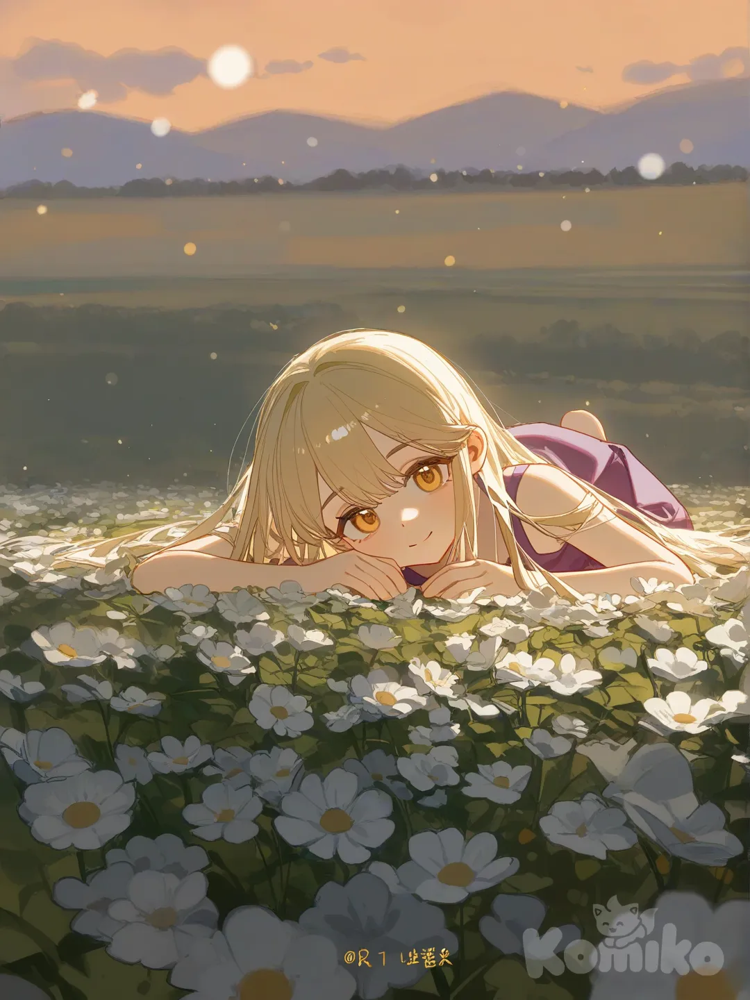 1girl, [lacquered-illustration-style], lie on stomache, evening dress, hair accessory, blonde hair, fuchsia, depth of field, side light, flower field