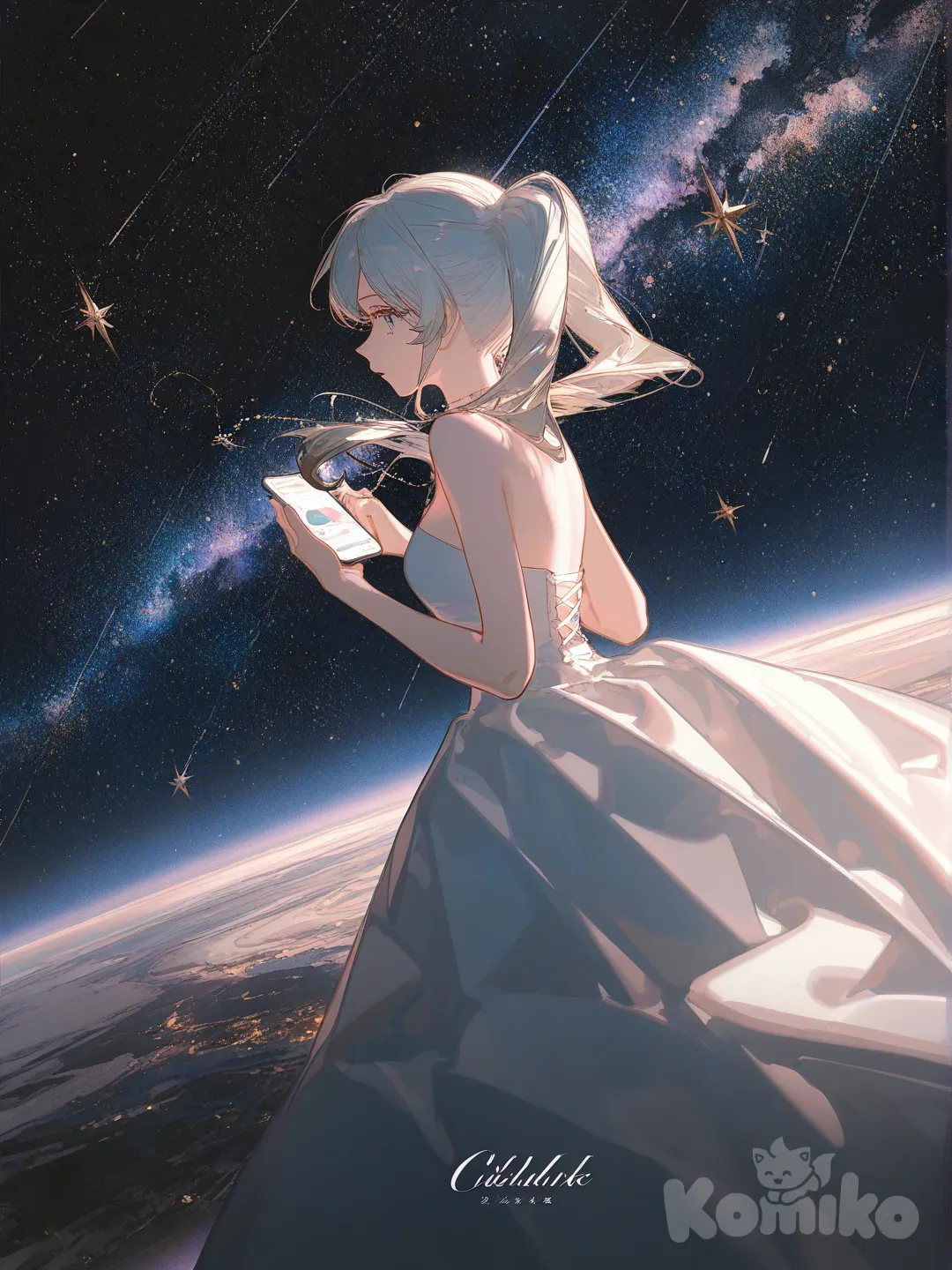 1girl, [dazzling-illustration-style], looking at phone, evening dress, necklace, twin tails, ivory white, side light, starry sky, cosmic background