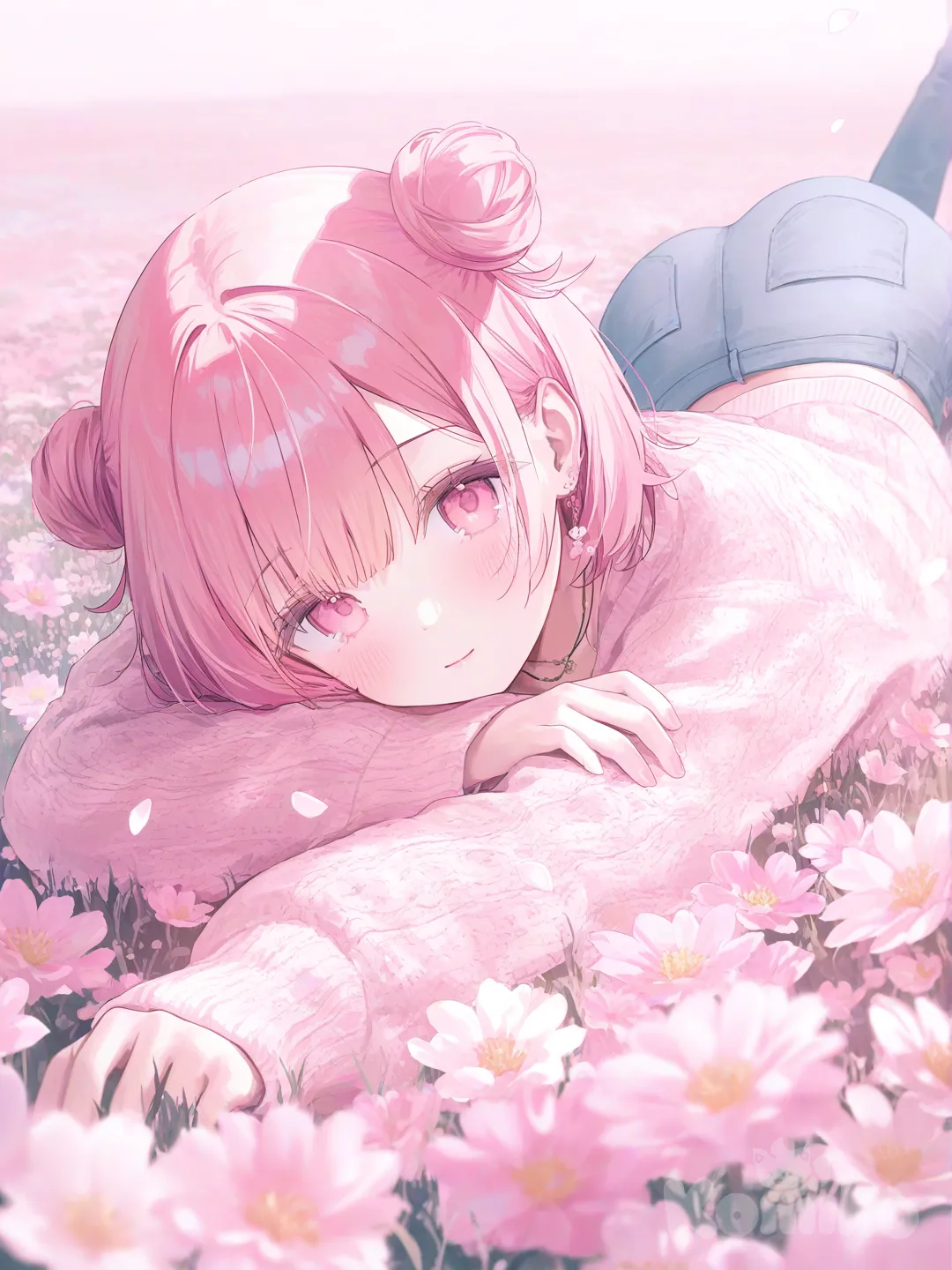 1girl, [soft-pastel-style], lie on stomach, knitted cardigan, jeans, necklace, double buns, pastel baby pink, depth of side light, flower , flower field