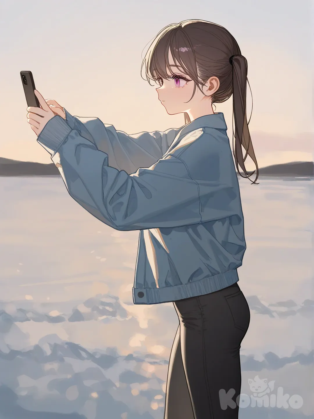 1girl, [lacquered-illustration-style],taking selfie, open jacket baby blue, wide-leg pants black, twin braids, brown hair, side light, ocean