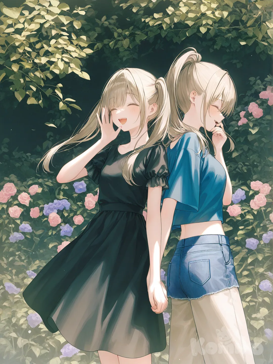 2girls, [soft-pastel-style], back to back, laughing, crop top, jeans, little black dress, high ponytail, twin tails, klein blue, khaki, side light, garden