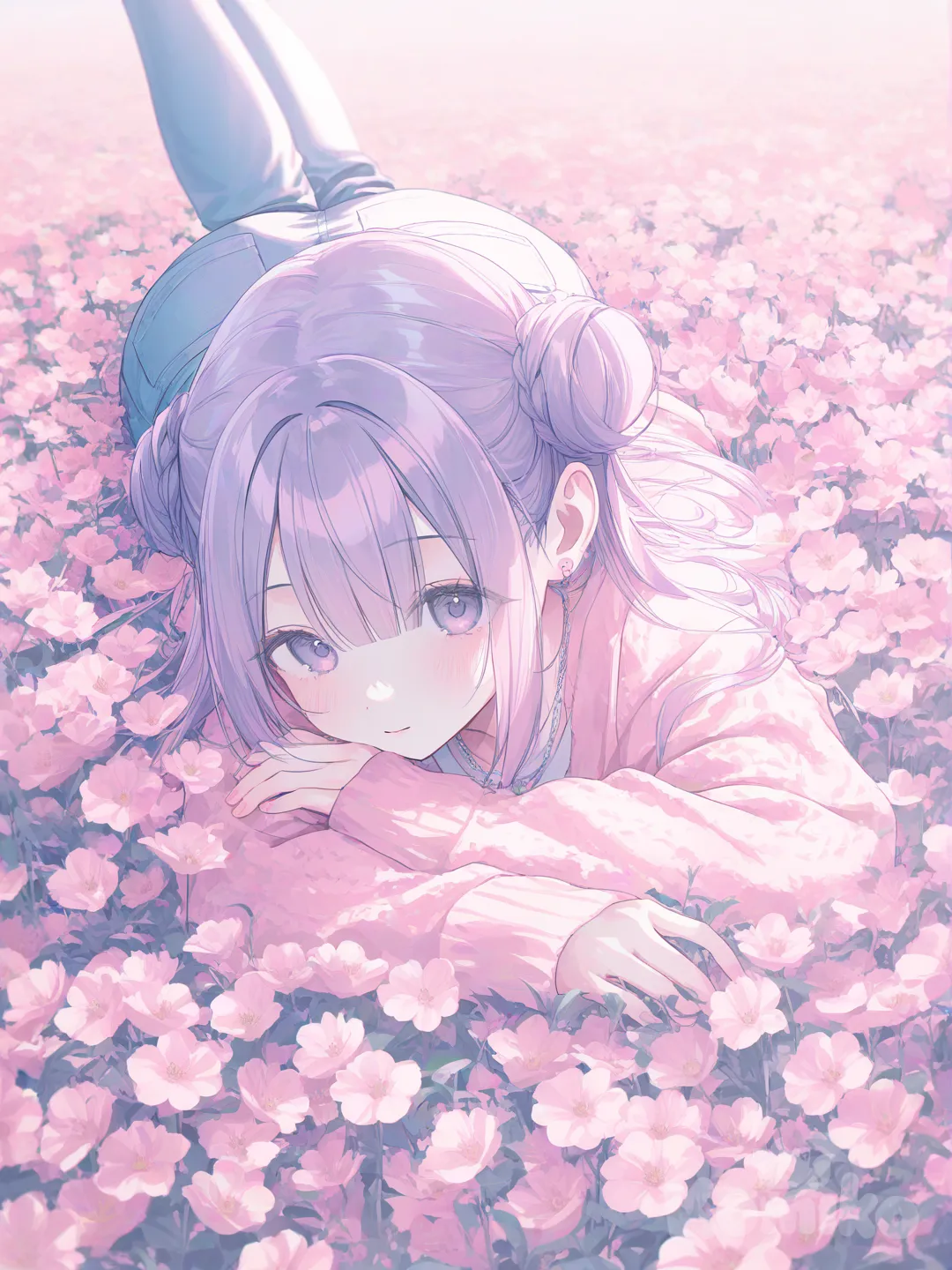 1girl, [soft-pastel-style], lie on stomach, knitted cardigan, jeans, necklace, double bun, pastel baby purple, depth of side light, flower , flower field