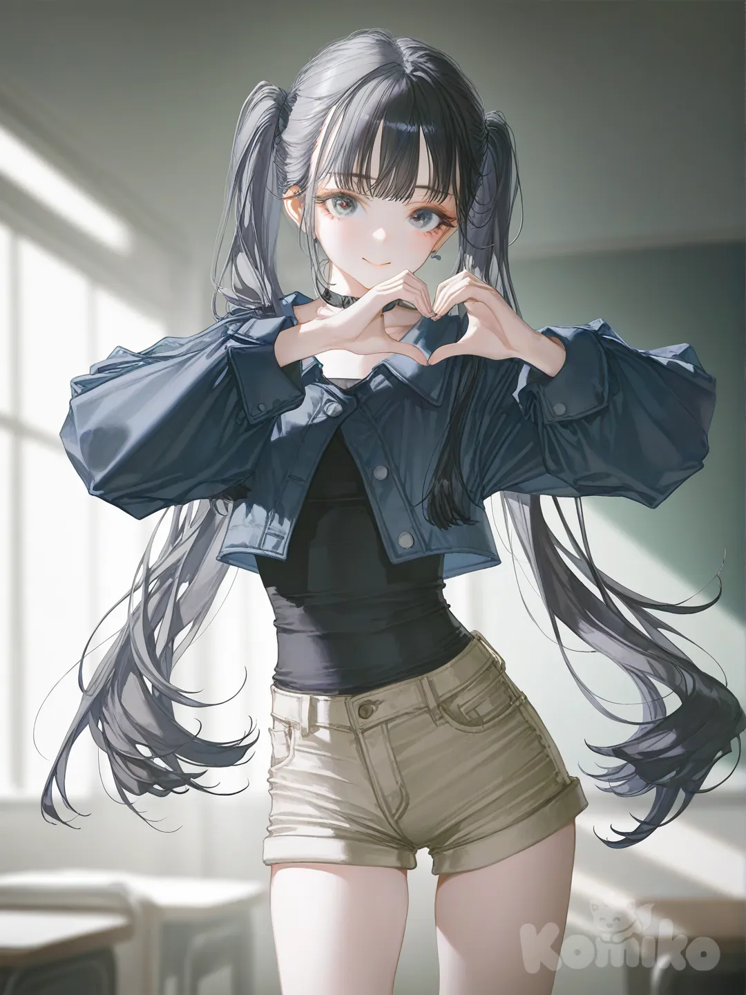 1girl, [soft-light-illustration-style], heart hands, cropped jacket, jeans shorts, twin tails, khaki, side light, classroom