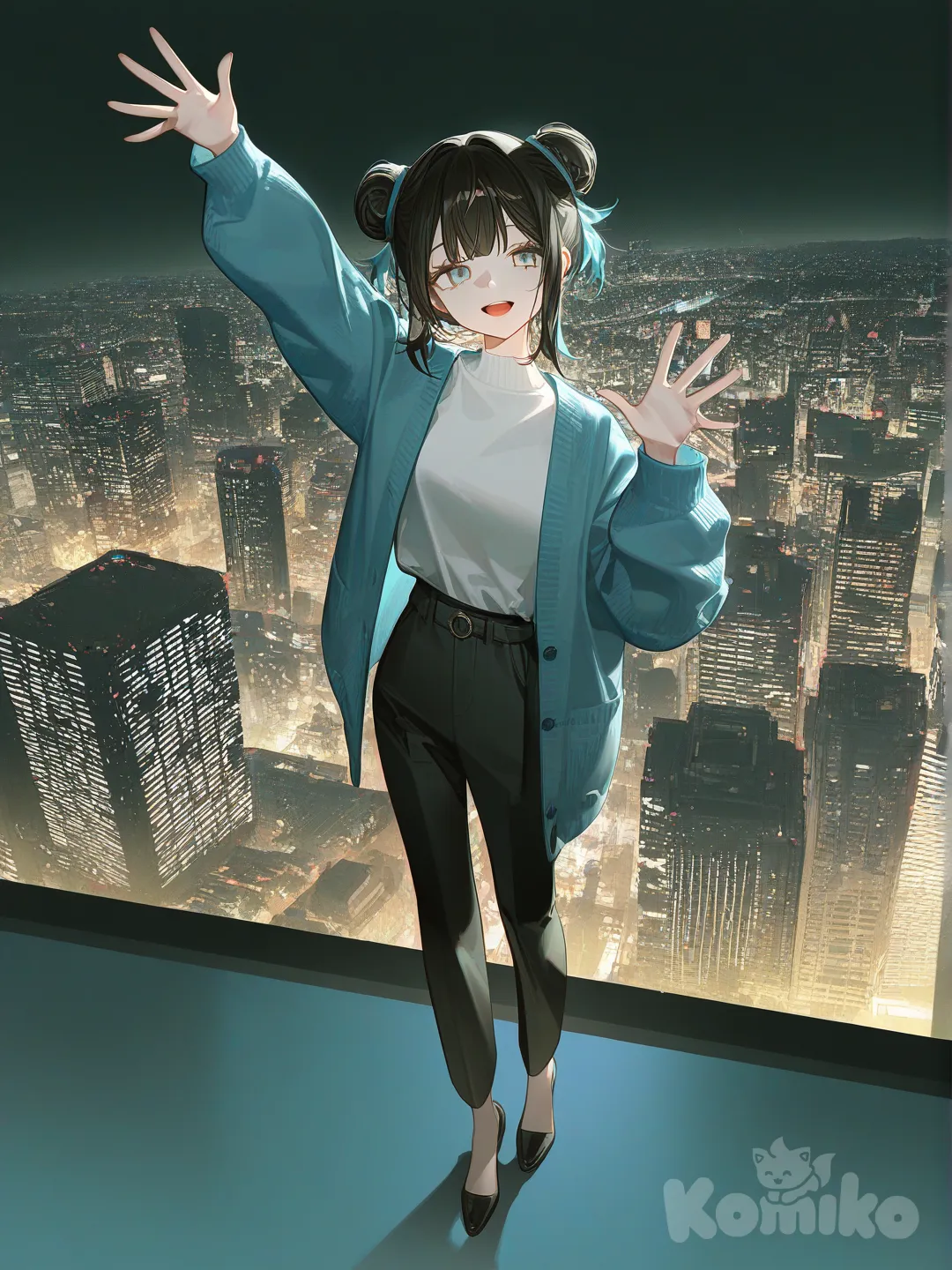 1girl, [high-contrast-glossy-style], waving, knitted cardigan, casual pants, double buns, klein blue, from above, upper body, full body, looking at viewer, stage light, city lights, side light, skyscraper