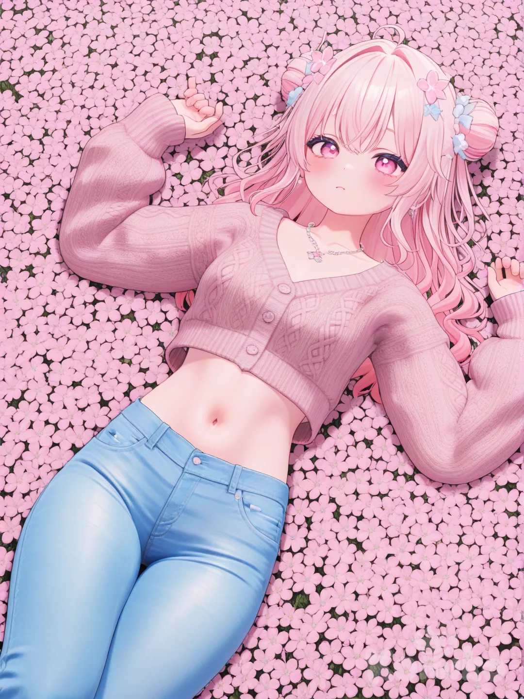 1girl, lie on stomach, knitted cardigan, jeans, necklace, double buns, pastel baby pink, depth of side light, flower , flower field, [3d-anime-style]