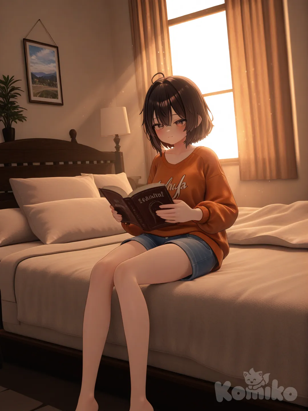 1girl, [3d-anime-style], reading a book, in a sunny bedroom