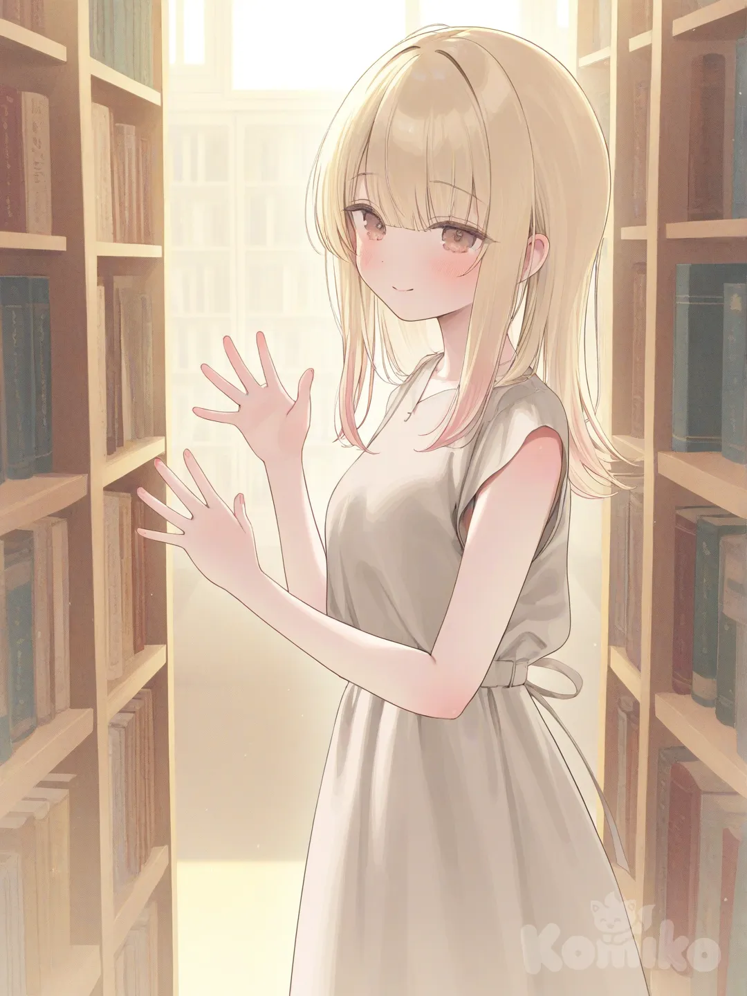 1girl, [soft-pastel-style], waving, smile, blush, evening dress, blonde hair, warm brown eyes, library, side light, khaki