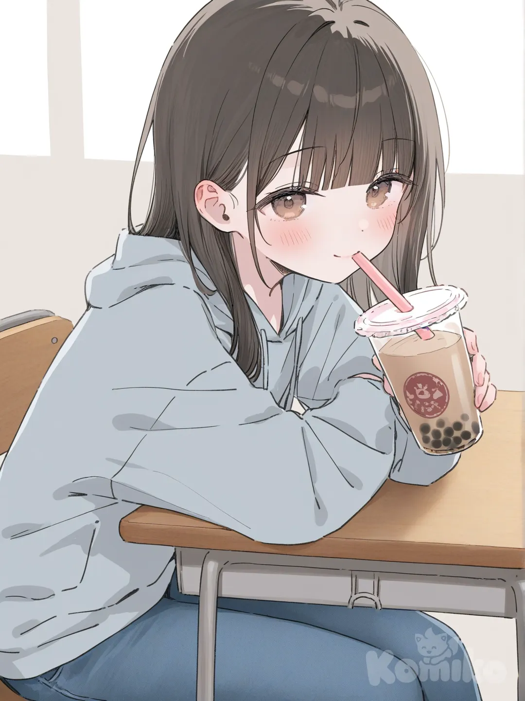 1girl, [soft-pastel-style], drinking boba tea, smile, blush, sweatshirt, gray, jeans, blue, warm brown eyes, in classroom sitting on desk