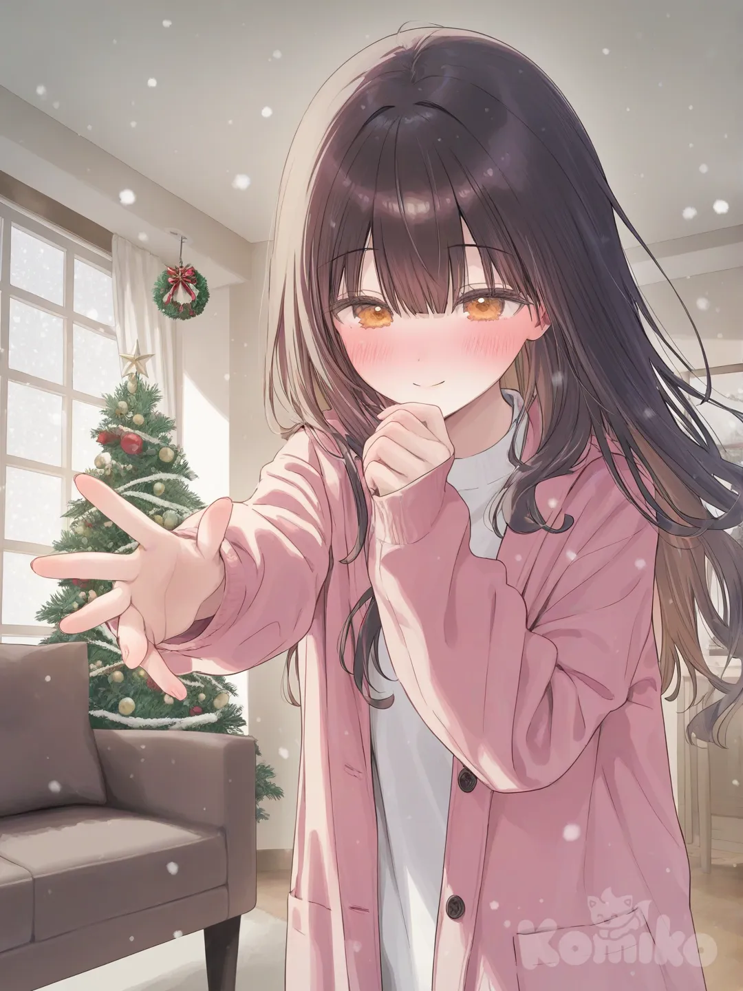 1girl, [soft-pastel-style], hanging up Christmas decorations onto a tree, dark brown hair long and flowy , warm amber eyes ,smile, blush, in living room , by window snowing falling outside