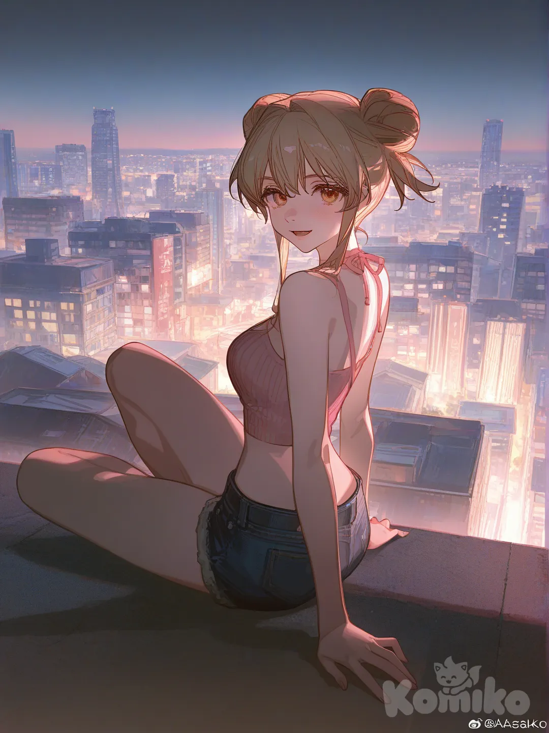 1girl, [dazzling-illustration-style], smile, sitting on the ground, crop top,baby pink, jean shorts, blue, double buns, blonde, side light, cityscape
