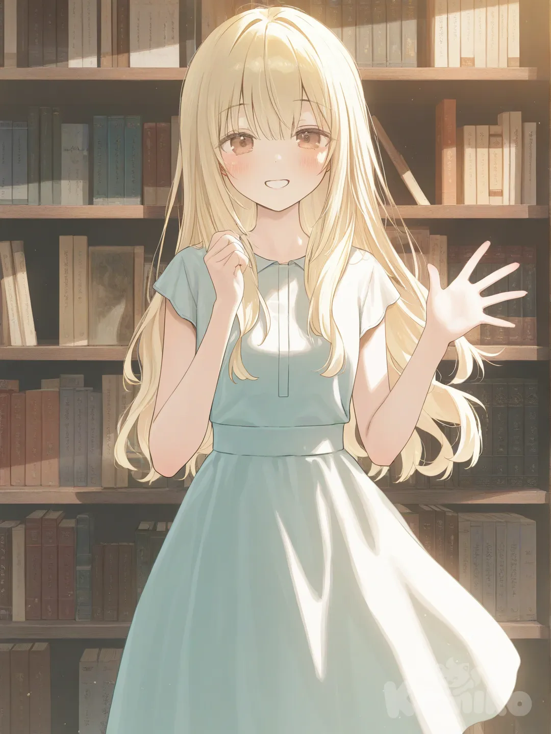 1girl, [soft-pastel-style], waving, smile, blush, evening dress, blonde hair, fuchsia, warm brown eyes, library, side light