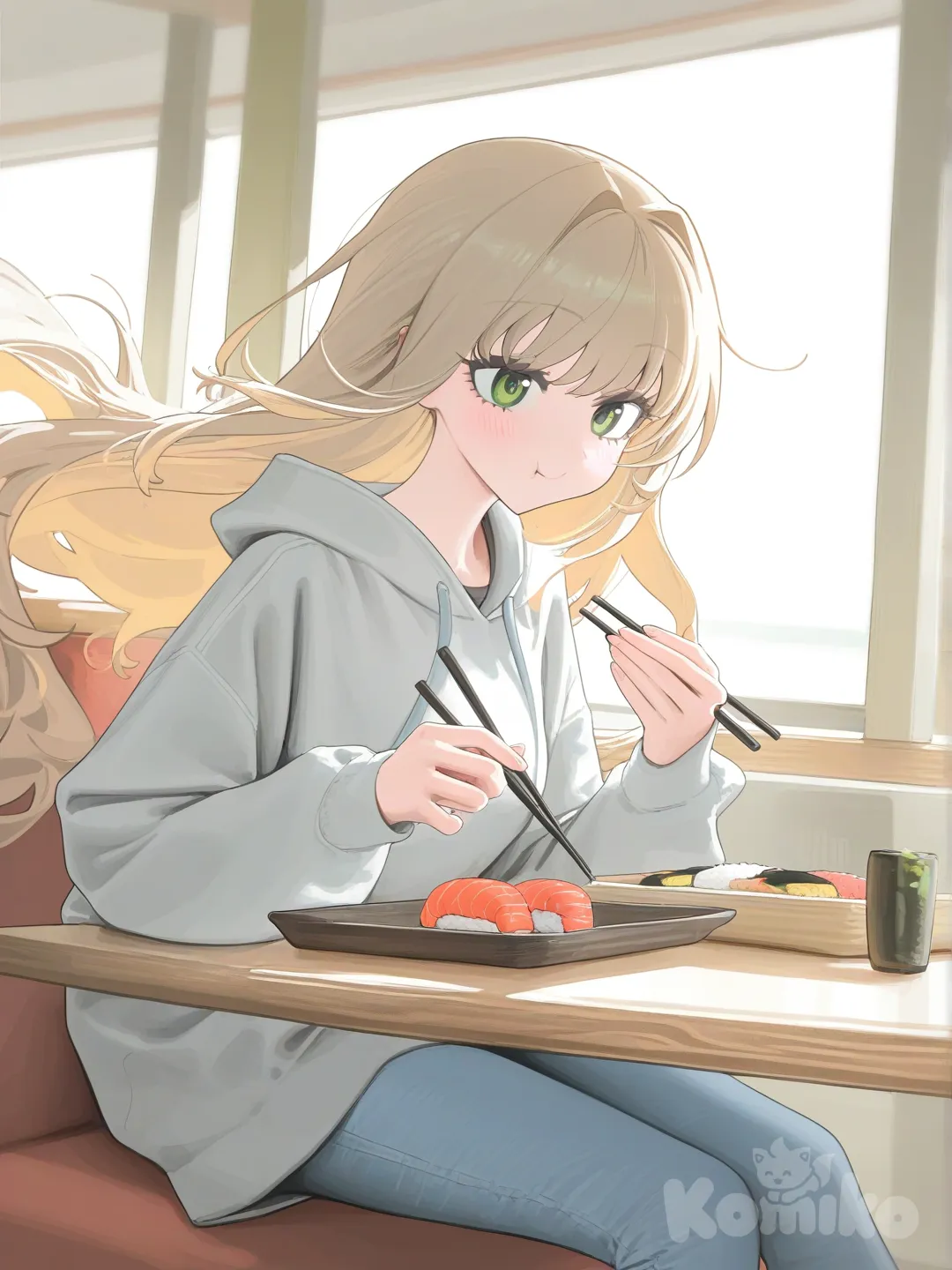 1girl, [vibrant-anime-style], eating sushi, smile, blush, green eyes, light brown hair long and flowy, hoodie,gray, jeans,blue, side light, restaurant