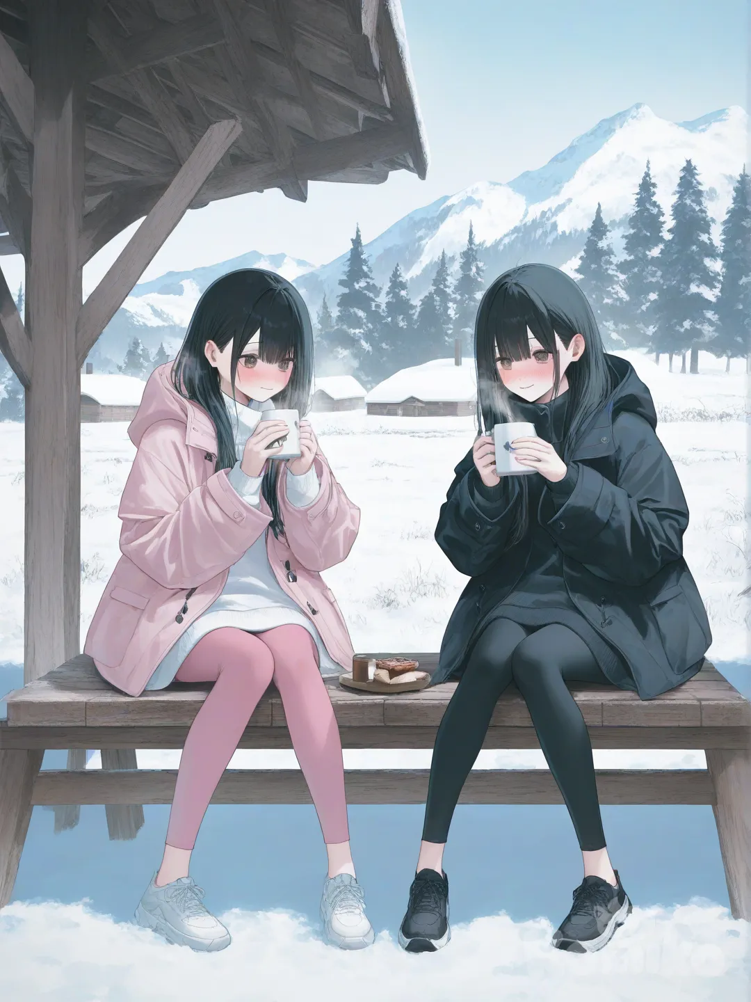 2girls, [soft-pastel-style],twins, drinking hot cocoa, smile, blush, coats and legging,pink and black,long black hair,dark brown eyes, sitting at log picnic table by log cabin by mountains