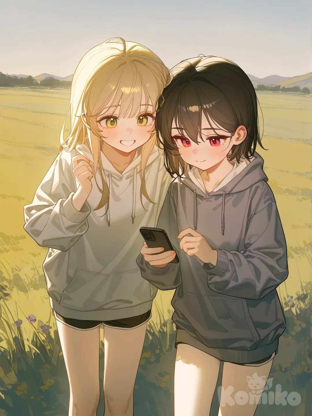 2girls, [lacquered-illustration-style], looking at phone, smile, blush, hoodie, casual pants, blonde hair, side light, grassland