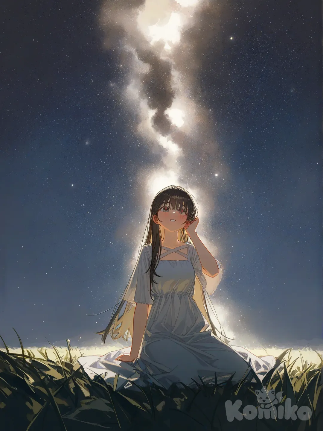 A soft-spoken girl can hear whispers from stars at night, [lacquered-illustration-style]