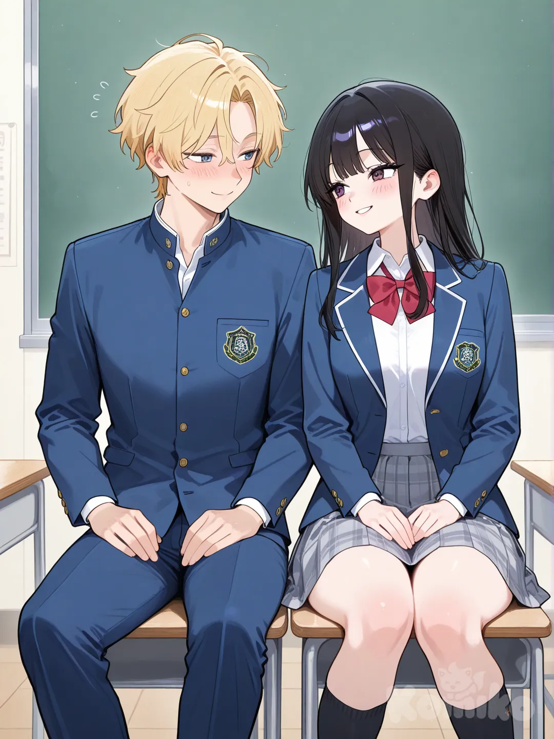 Sitting next to the same person every day leads to gentle love, 1boy, 1girl, 2people, girl black hair boy blonde hair