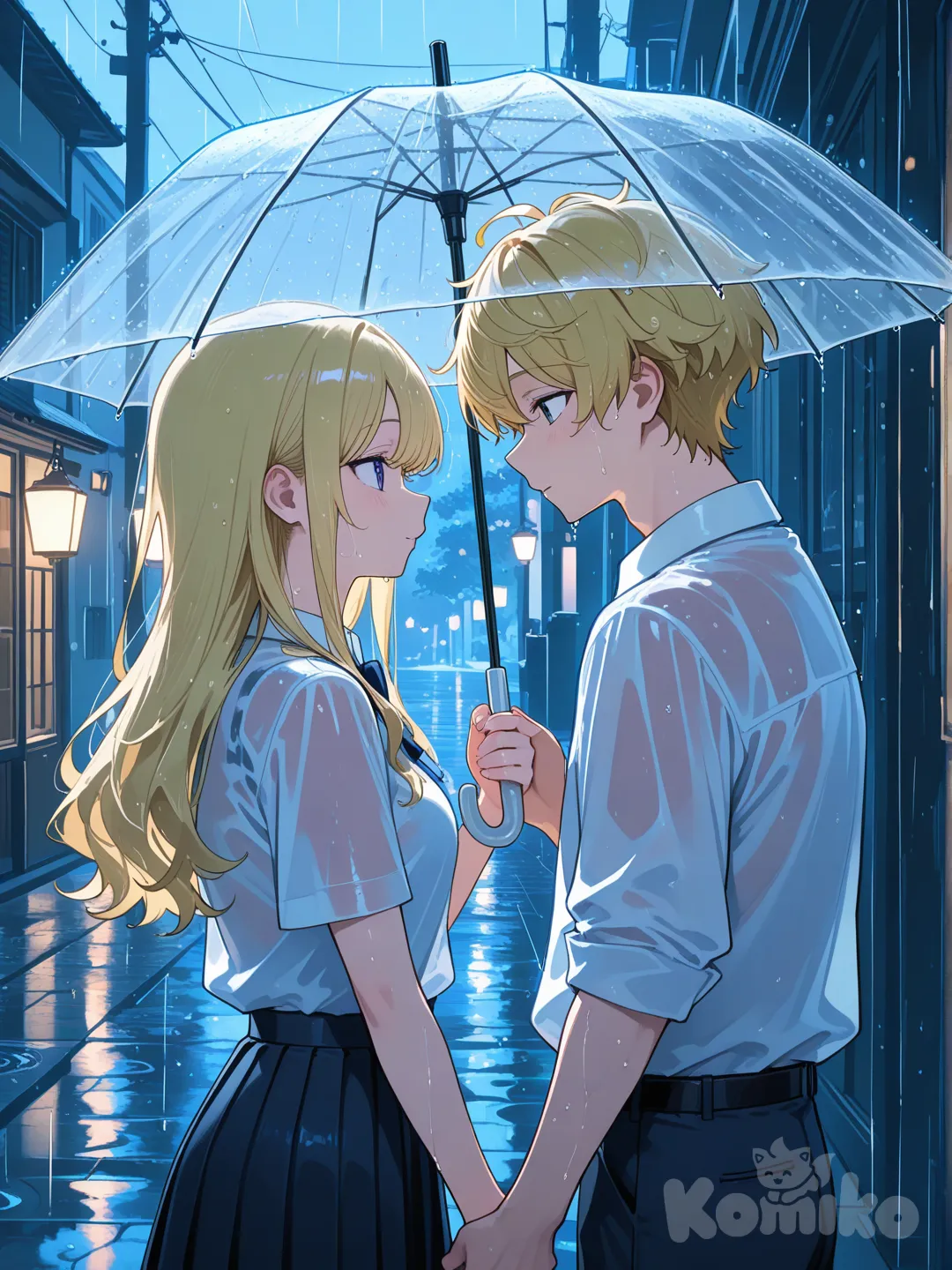 Rainy days lead to small romantic moments., 1boy, 1girl, 2people both blonde hair