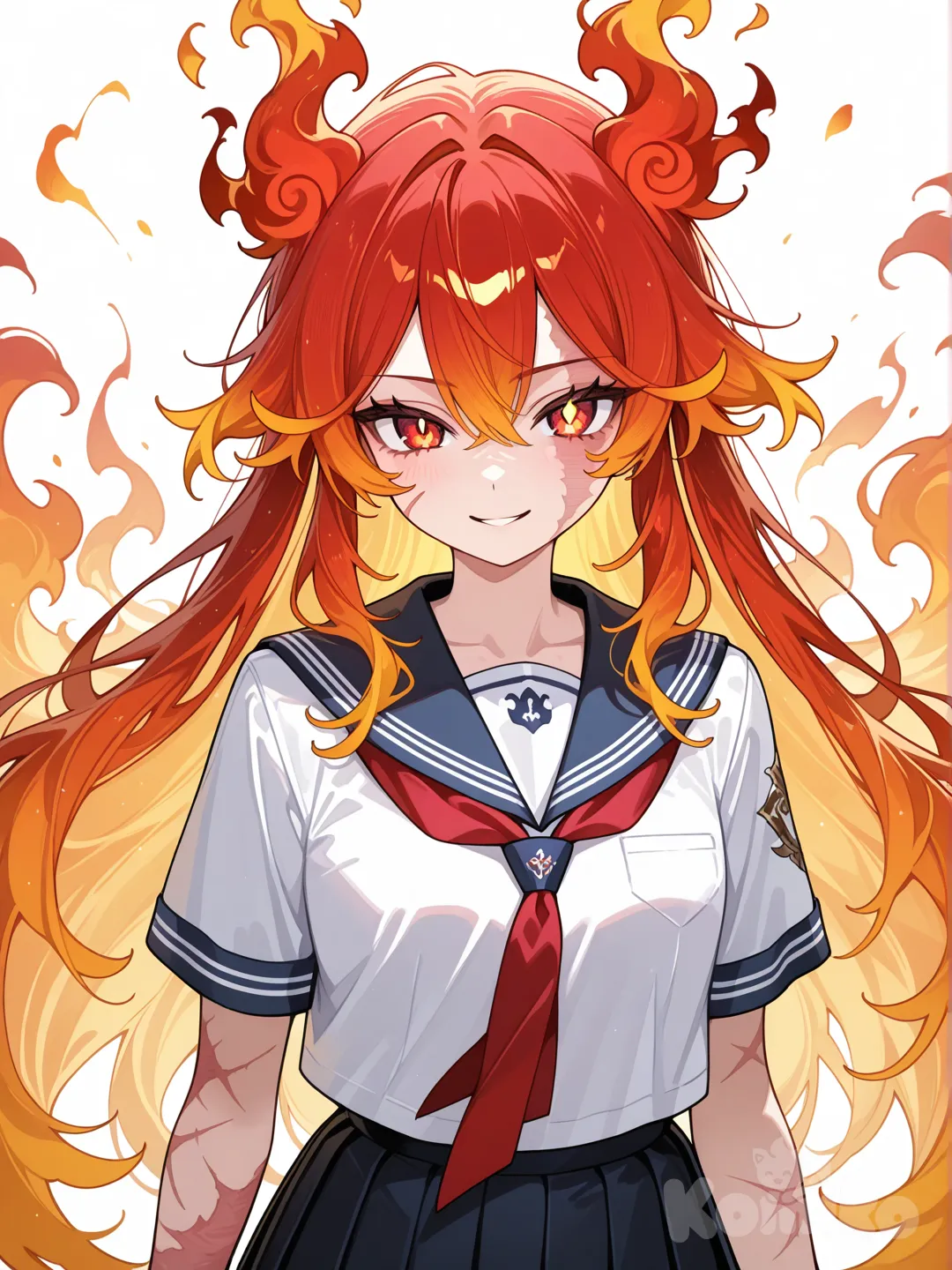8. Phoenix Transfer Student

Name: Hinari
A mysterious girl who enrolls at a new school every few years—because she dies and is reborn in flames. Only one classmate remembers her past lives.

Vibe: Warm, distant, resilient
Design: Red-gold hair, feather-shaped burns on skin