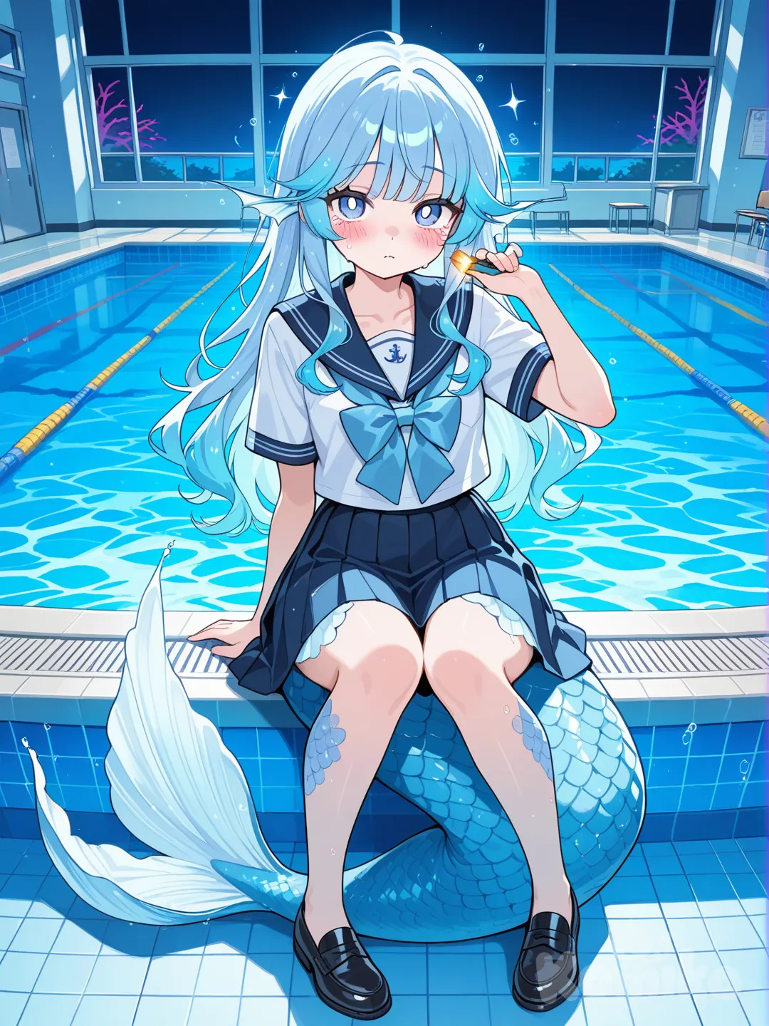 Aquarium Mermaid Girl

Name: Lila
A freshwater mermaid forced to attend school using a magical human form. Chlorine weakens her badly.

Vibe: Curious, innocent, emotional
Design: Blue ombré hair, scale patterns on legs