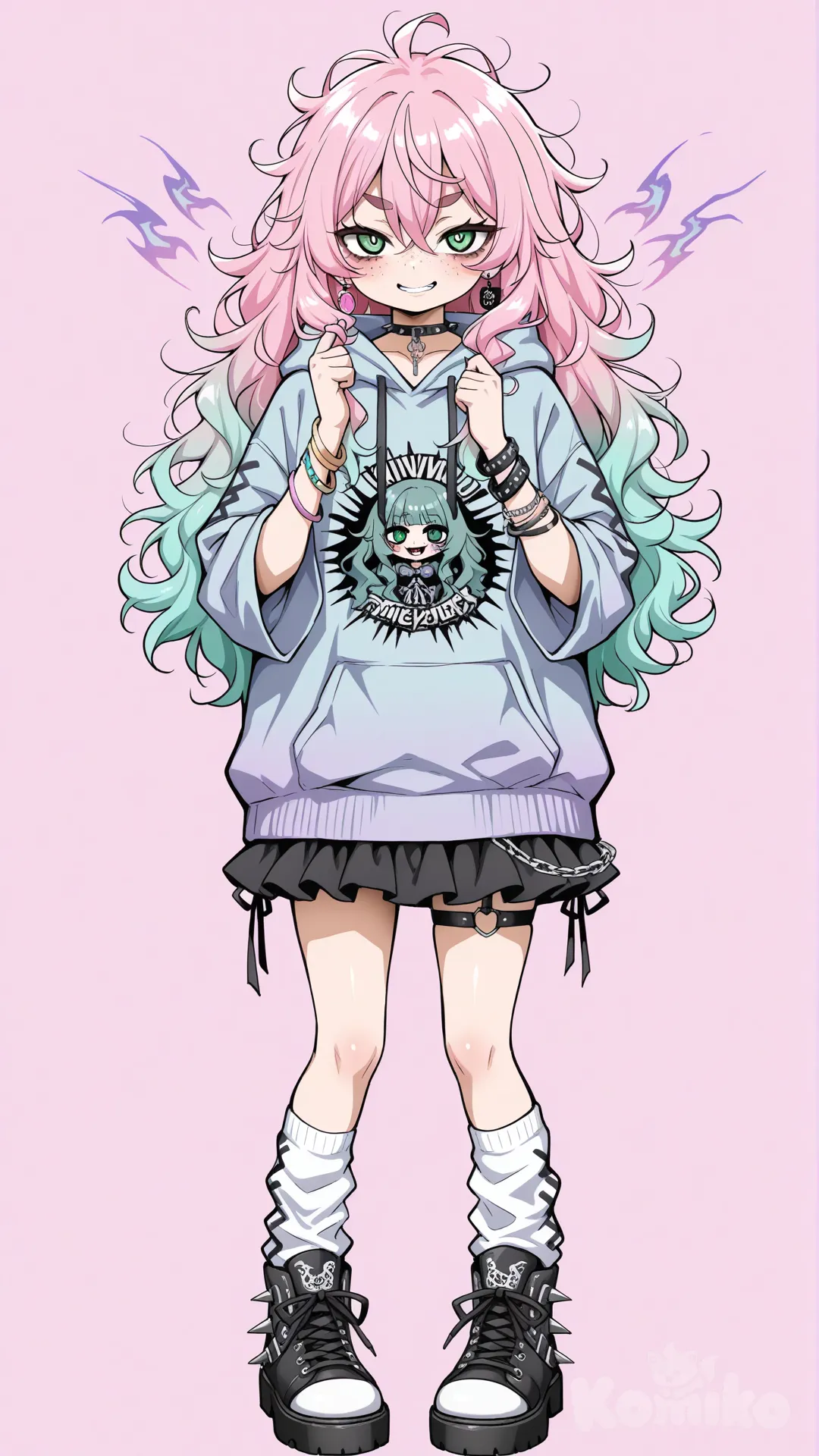 (18k resolution), (Naivta style), (Airandou style), (Punk Style aesthetic), ((Vivid eye detail))
BREAK
1girl, multiple accessories, (gradient hair color, pastel pink hair, teal hair, lavender and gold streaks, long wavy hair, slightly messy), (bright green eyes, lively expressive gaze), Light Freckles, Full Brows, Oversized Hoodie, Layered Skirt, Mismatched Earrings, Bracelets
BREAK
Indoors or Outdoors, Energetic Pose, Fidgeting, Twirling Hair