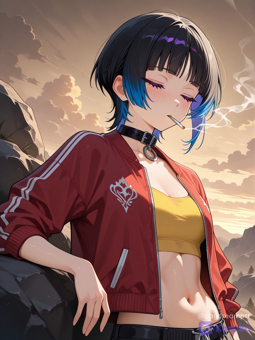 wide angle, upper body shot. @mizuki-wsYo wearing a yellow crop top with a flared collar. over this she is wearing a loose fitting red jacket, which sits at elbow level on her arms. she is taking a drag from the cigarette she is holding, her eyes are closed, as she silently enjoys the cigarette. she has a content, peaceful expression on her face. she is leaning against a gray rock, and the sky above her is a cloudy brown., [glossy-anime-style]