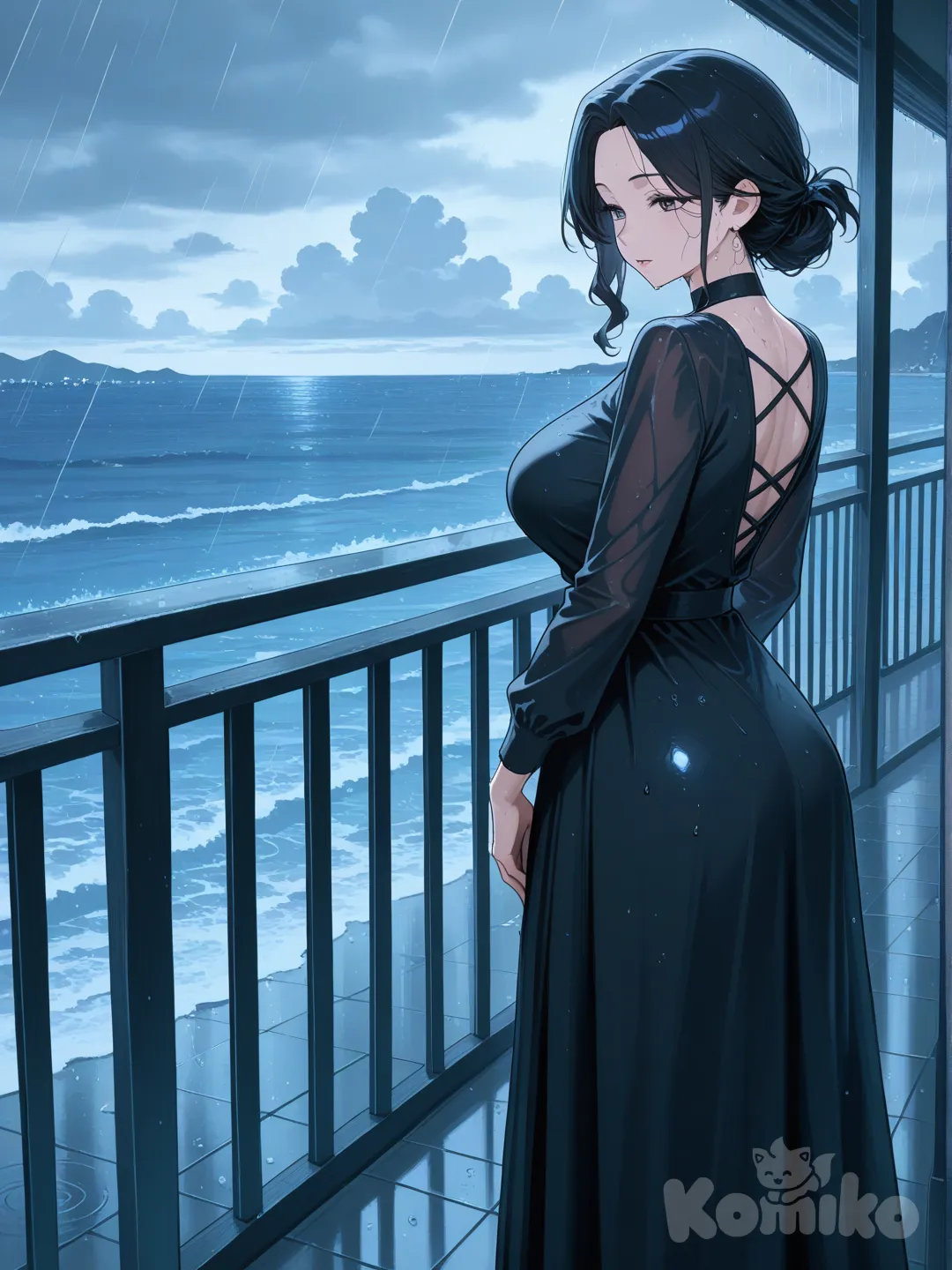 Chica anime adulta con vestido largo negro en un balcon con vista a la playa en un dia lluvioso