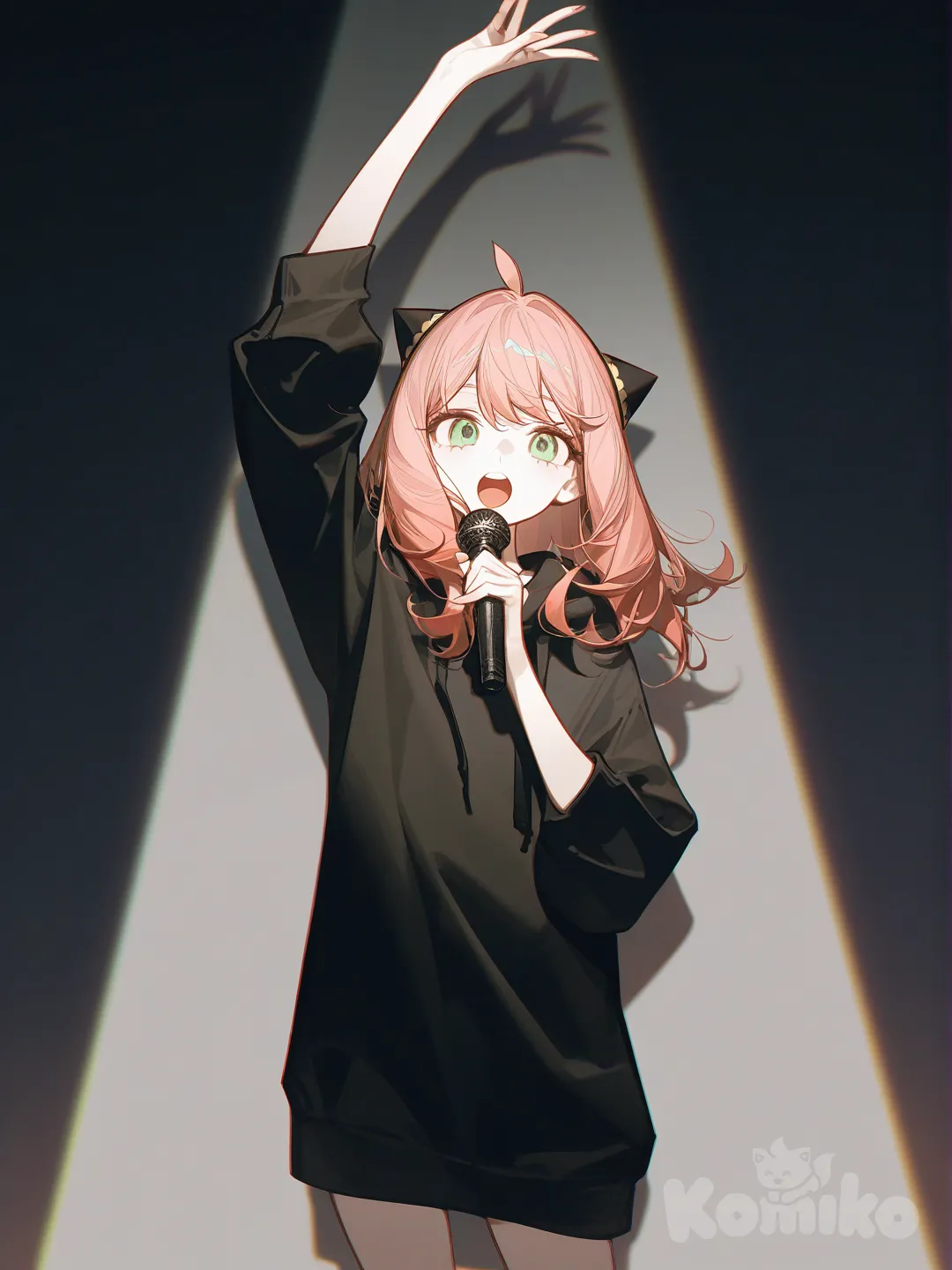 @Anya_(Spy_X_Family), [high-contrast-glossy-style], dancing, singing, hoodie, looking at viewer, night, stage